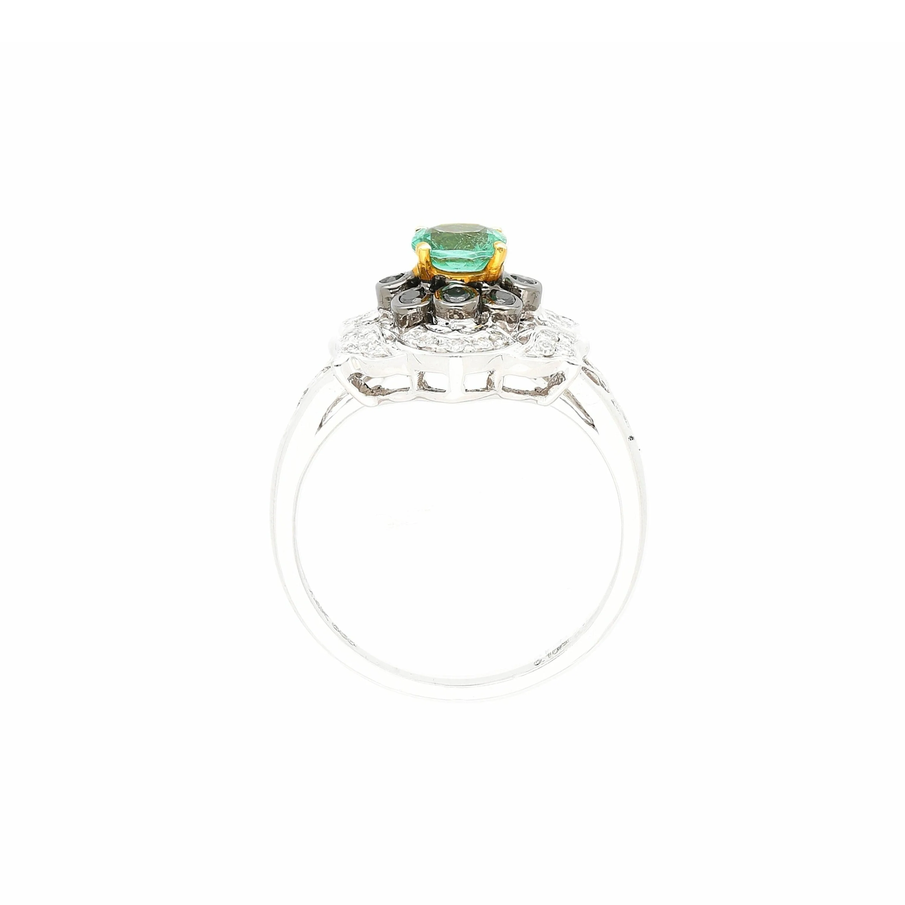 0.48 Carat Cushion Cut Emerald with Black and White Diamonds 14k White Gold Ring - Image 3