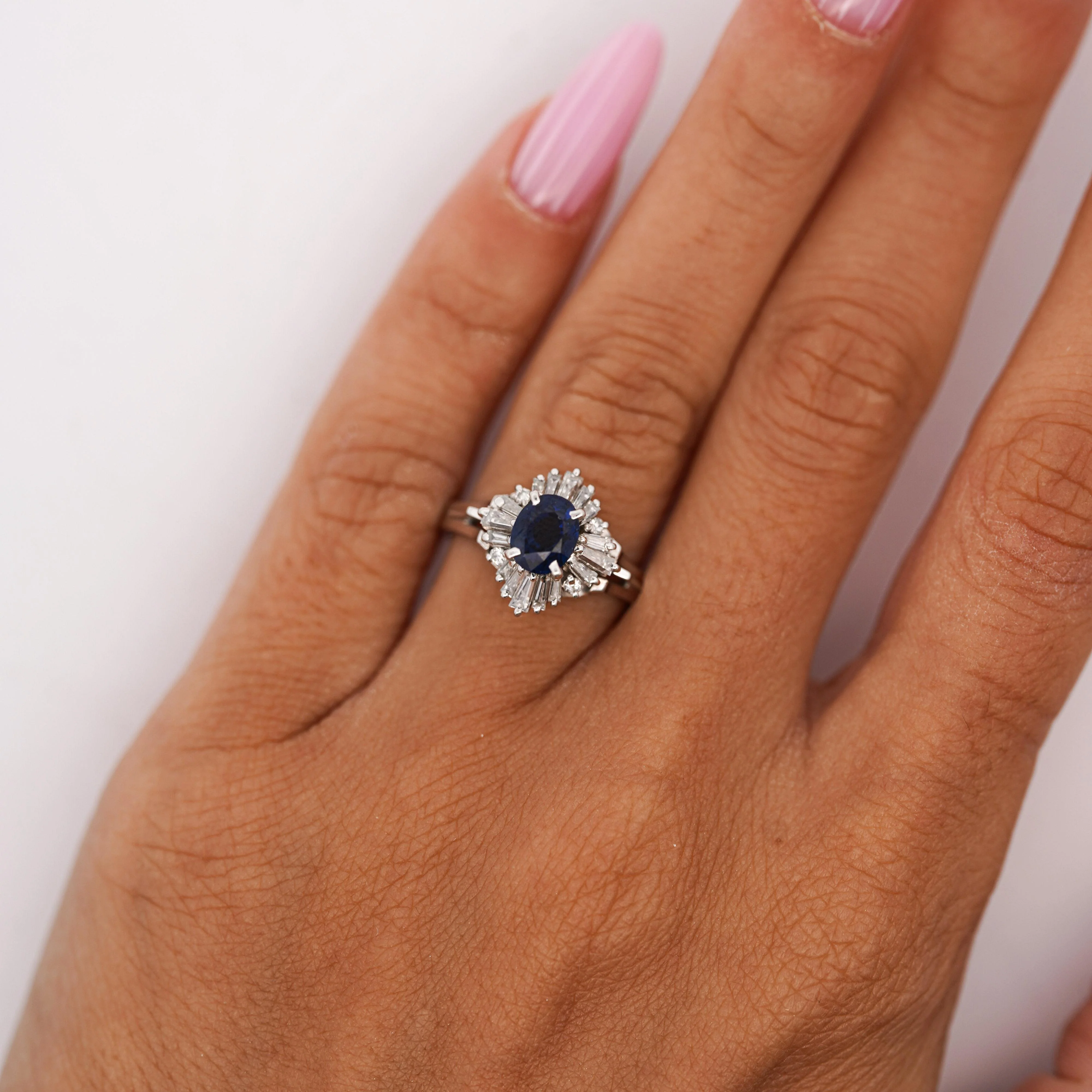 0.50 Carat Oval Sapphire & Baguette Diamond Ballerina Platinum Ring - Image 2