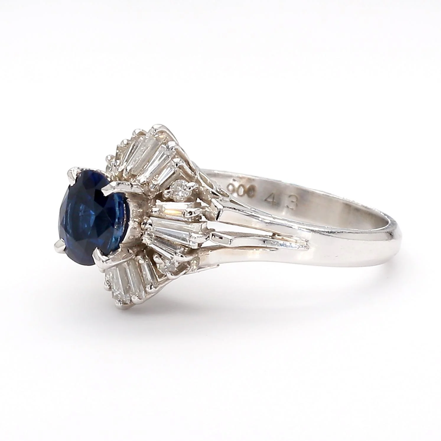 0.50 Carat Oval Sapphire & Baguette Diamond Ballerina Platinum Ring - Image 9