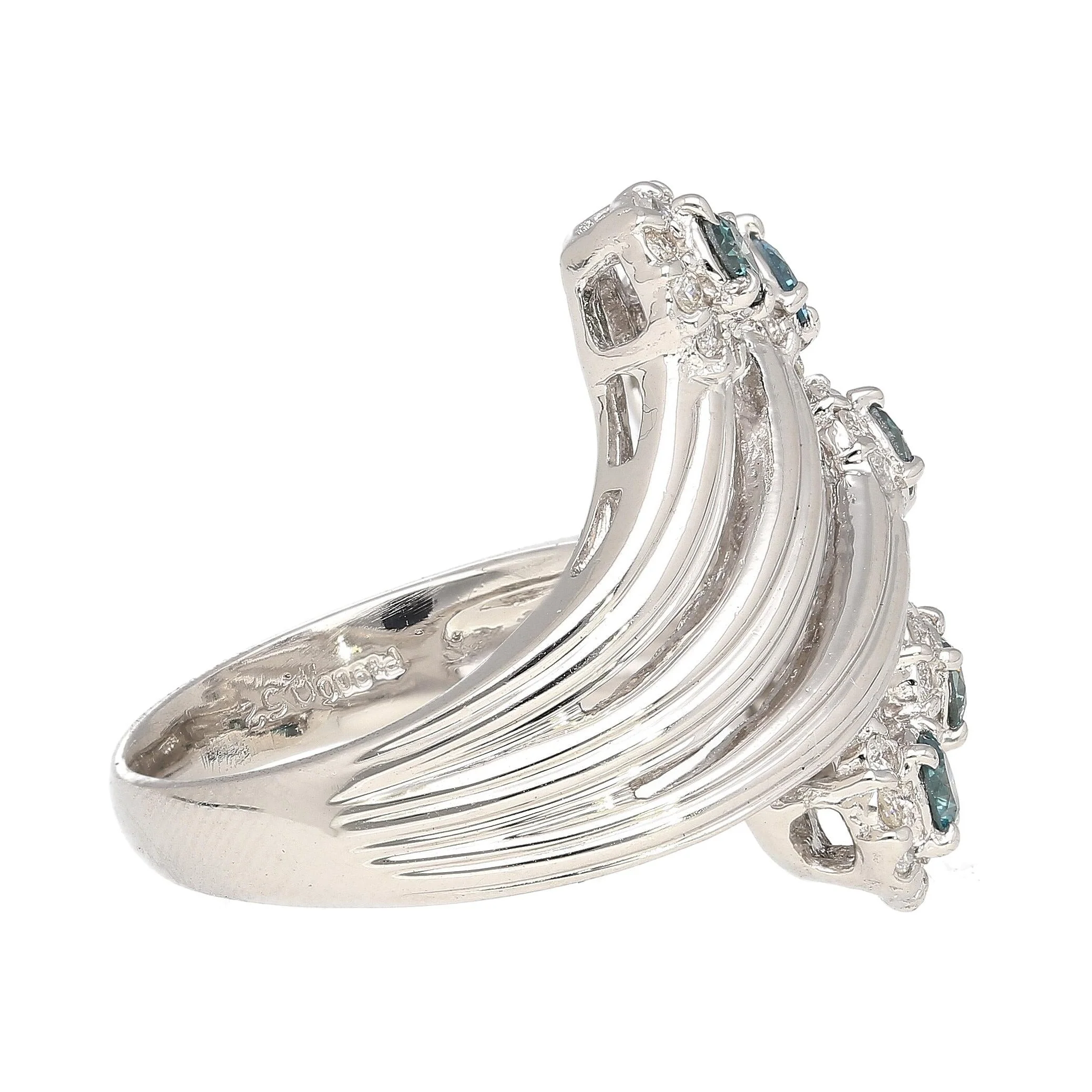 0.62 Carat Round Blue and White Diamond 5-Row Curved Platinum Ring - Image 5