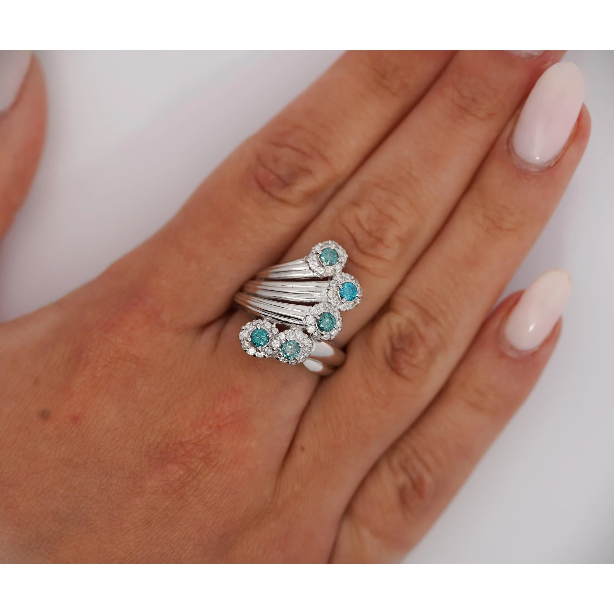 0.62 Carat Round Blue and White Diamond 5-Row Curved Platinum Ring - Image 8