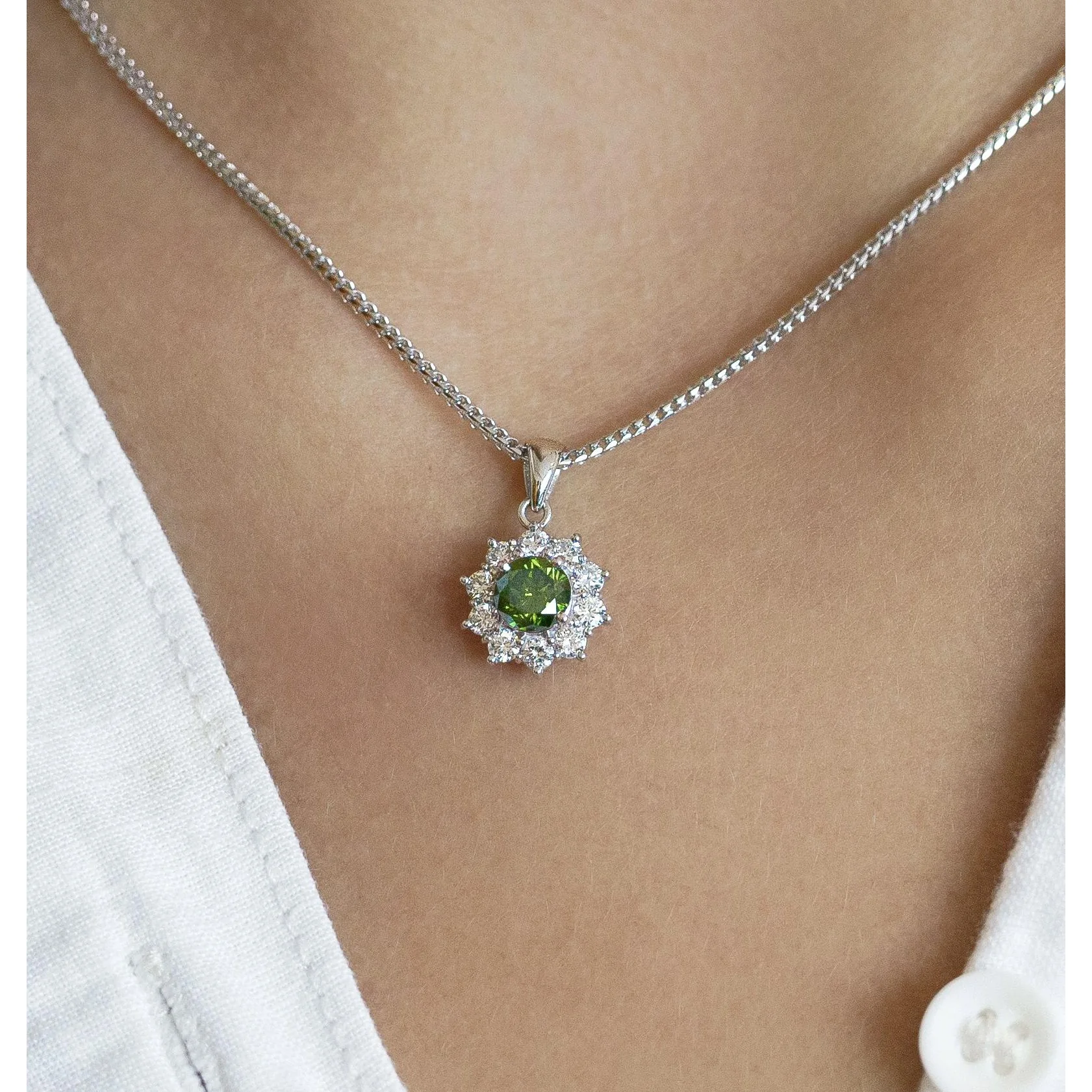 0.76 CTTW Green Diamond Floating Platinum Pendant 18k Gold Wheat Chain Necklace - Image 2