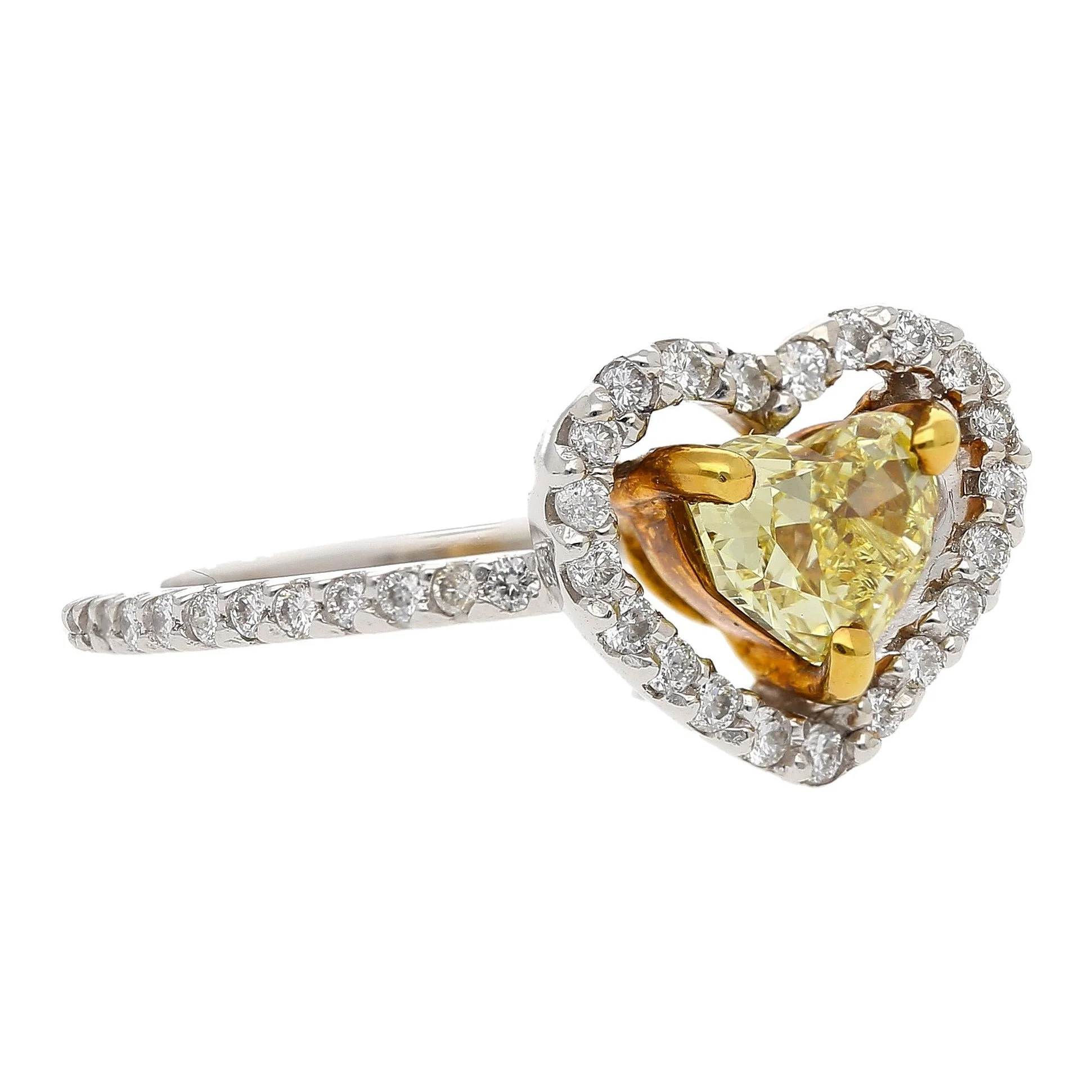 0.77 Carat Floating Fancy Yellow Heart Diamond & Diamond Halo Engagement Ring - Image 2