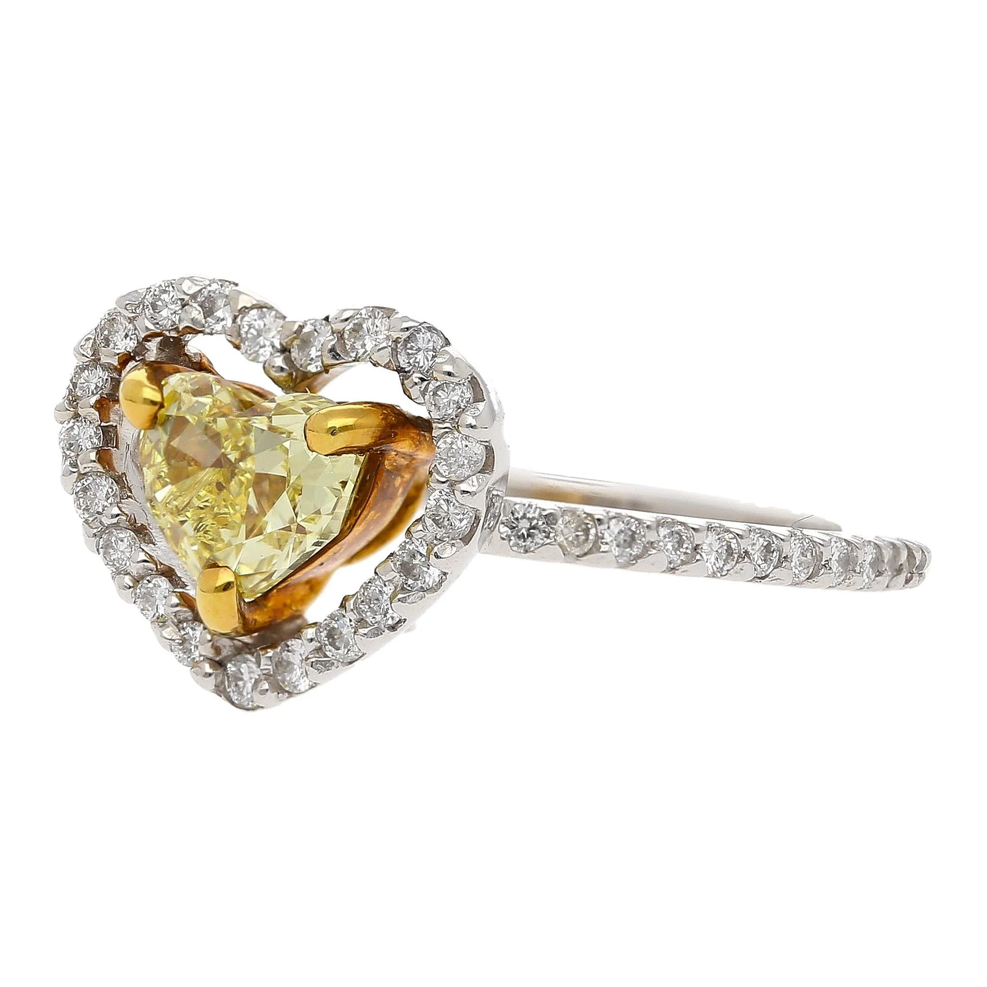 0.77 Carat Floating Fancy Yellow Heart Diamond & Diamond Halo Engagement Ring - Image 3