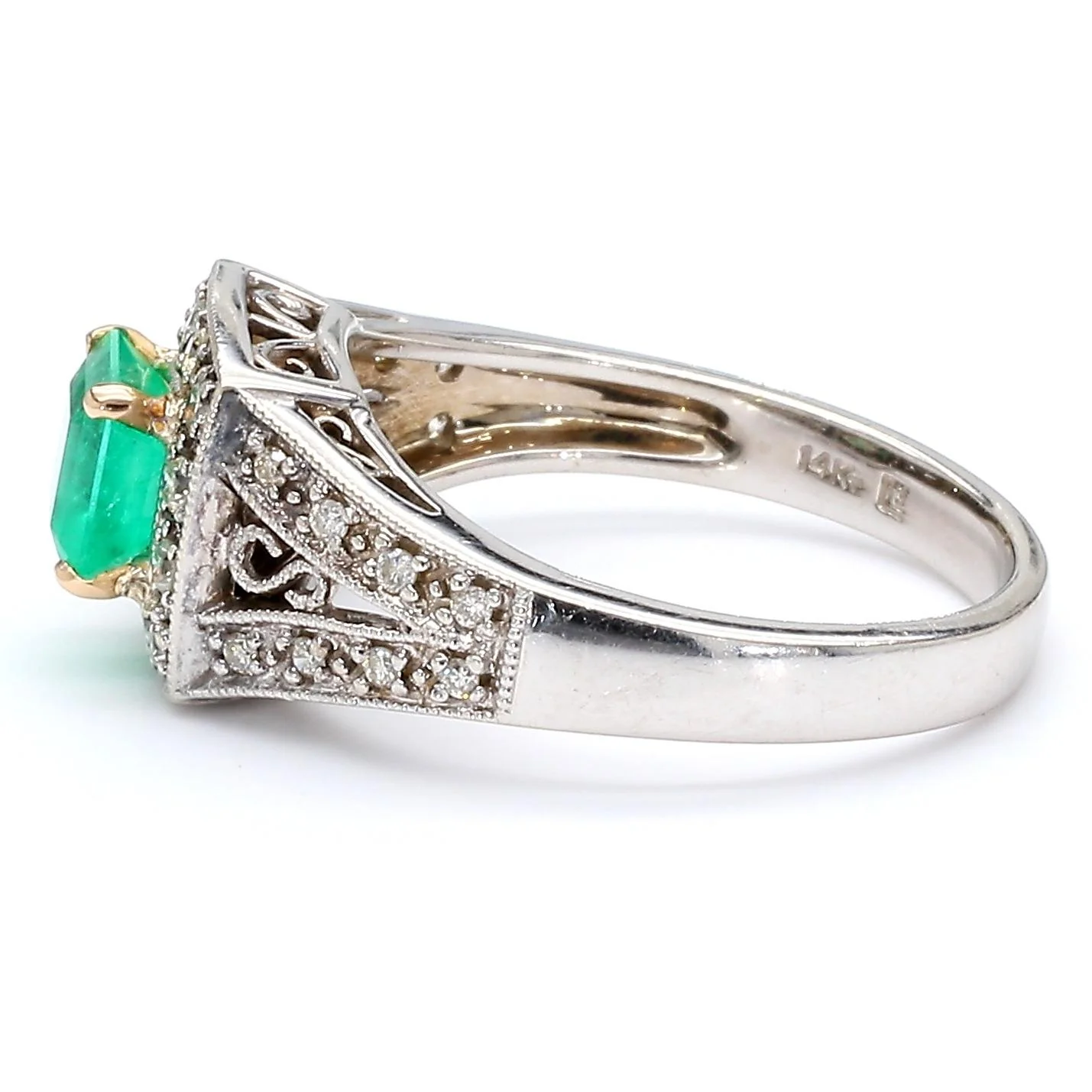 0.77 Carat Square Emerald and Diamond Filigree Halo 14K White Gold Ring - Image 7