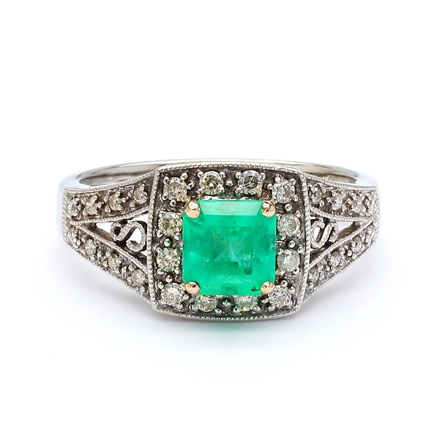 0.77 Carat Square Emerald and Diamond Filigree Halo 14K White Gold Ring - Image 9