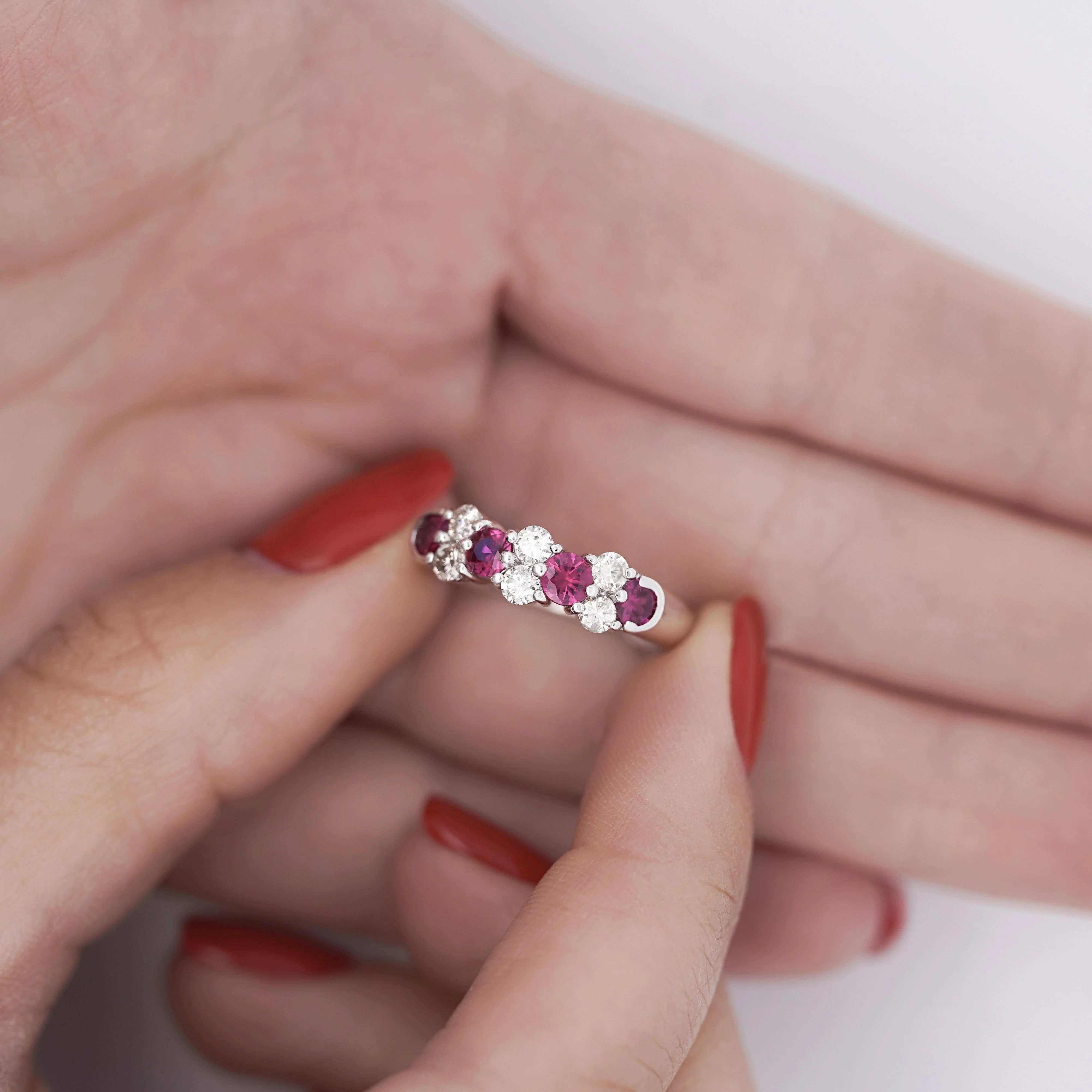 0.77 Round Cut Ruby and Diamond Platinum Cluster Band Ring - Image 2