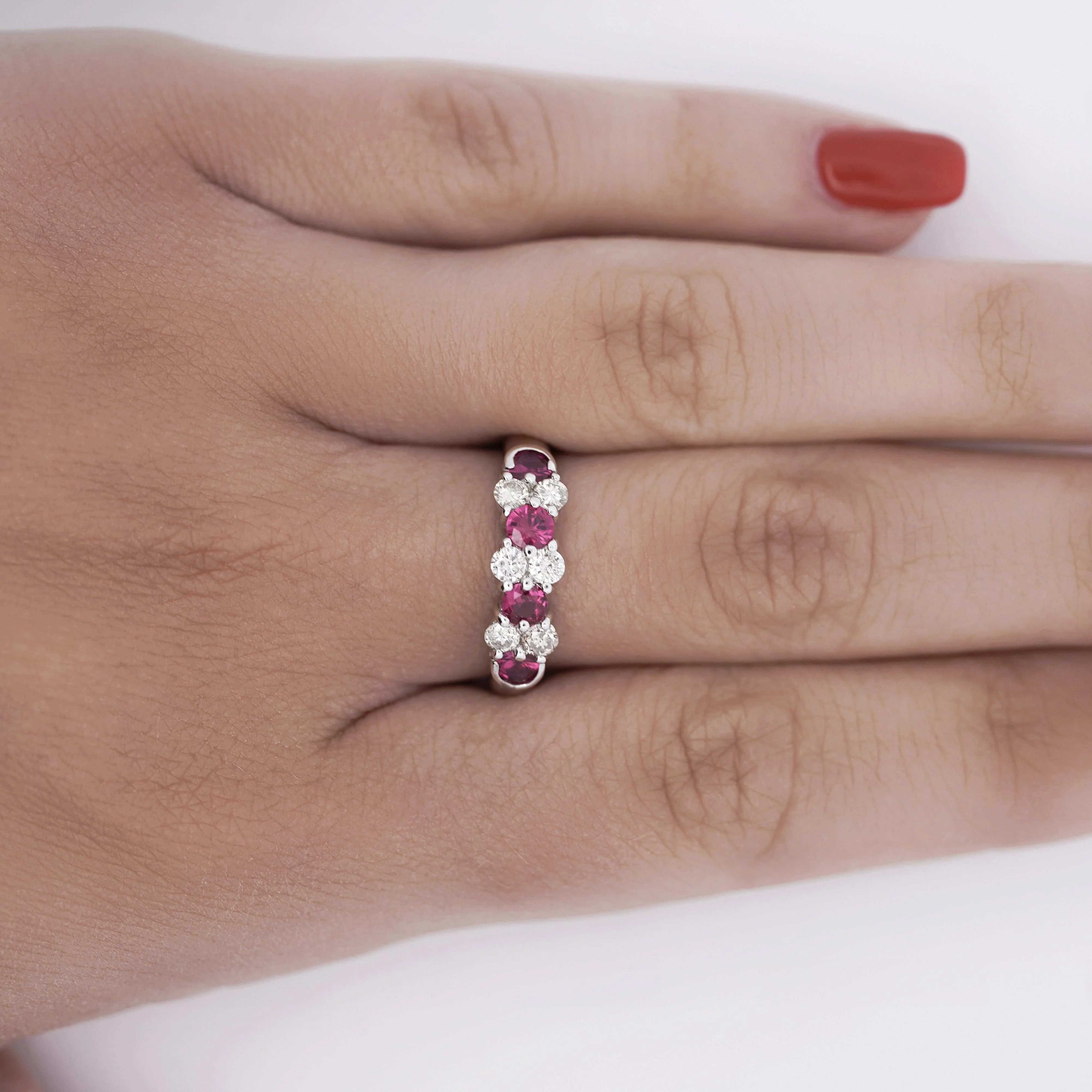 0.77 Round Cut Ruby and Diamond Platinum Cluster Band Ring - Image 3