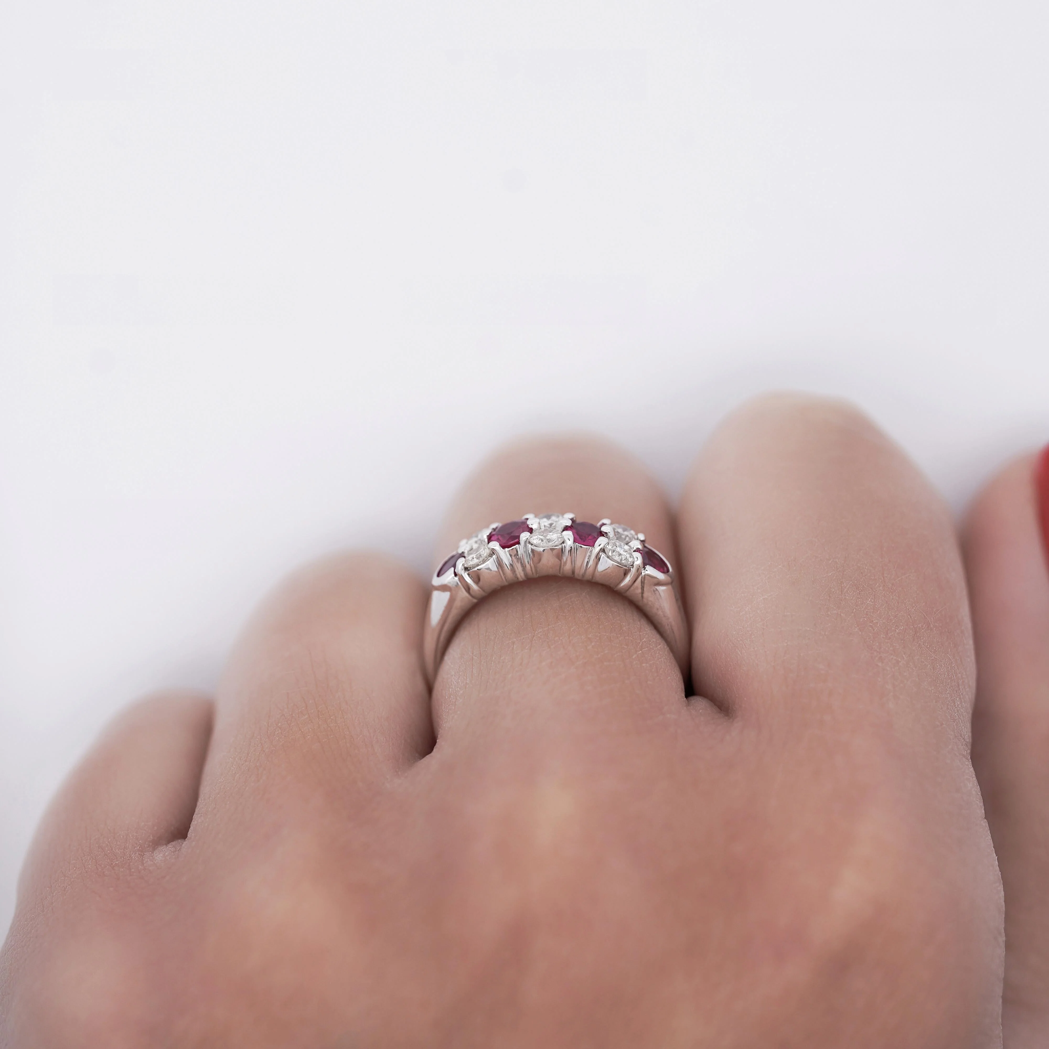 0.77 Round Cut Ruby and Diamond Platinum Cluster Band Ring - Image 4