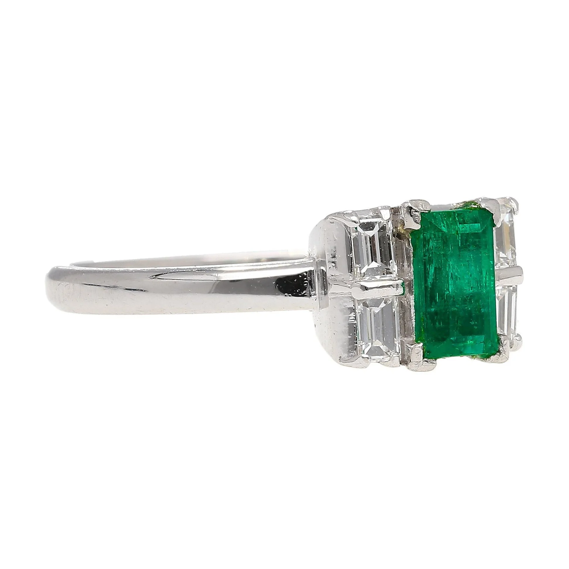 0.98 Carat Baguette Colombian Emerald, Diamond Platinum Thin Ring - Image 3
