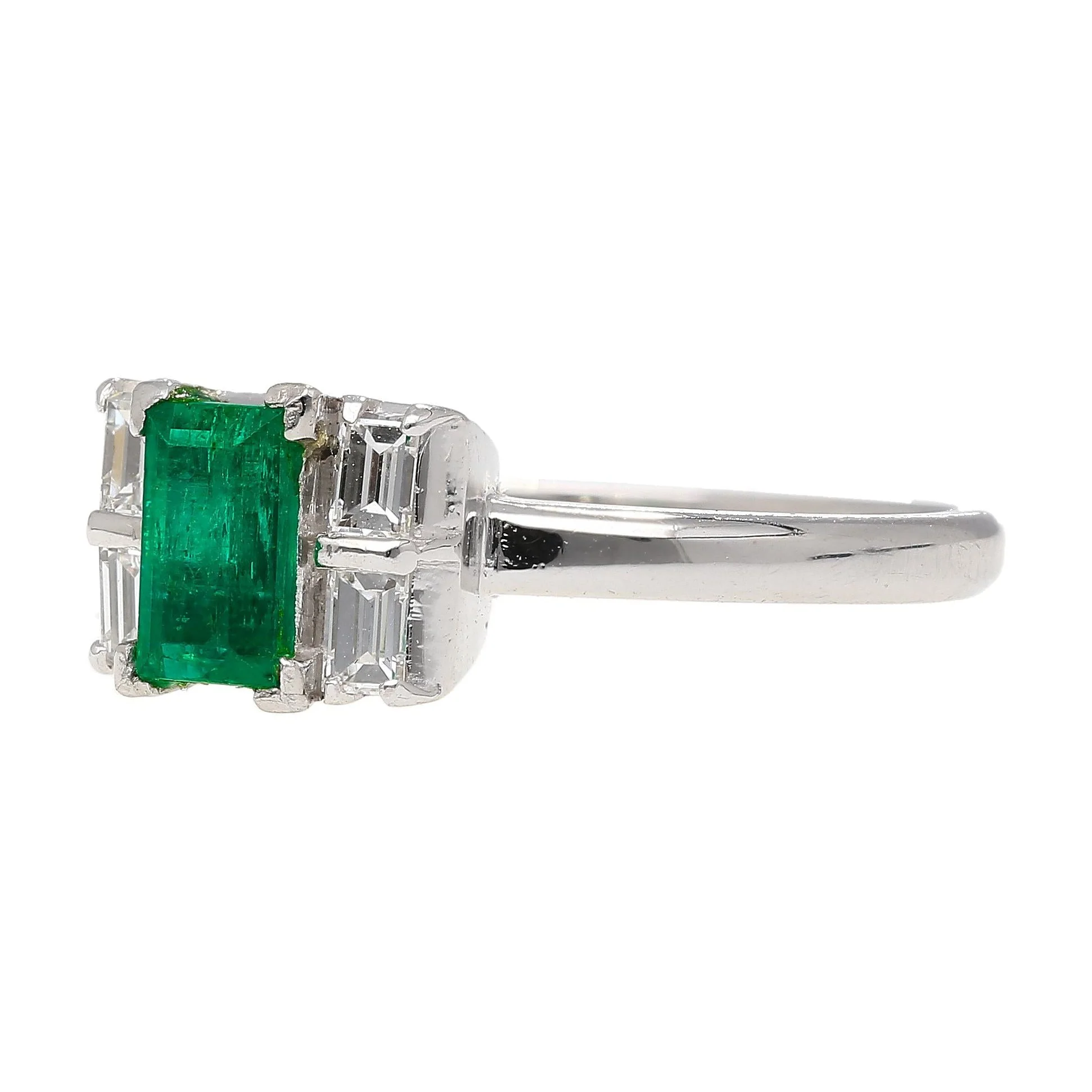 0.98 Carat Baguette Colombian Emerald, Diamond Platinum Thin Ring - Image 4
