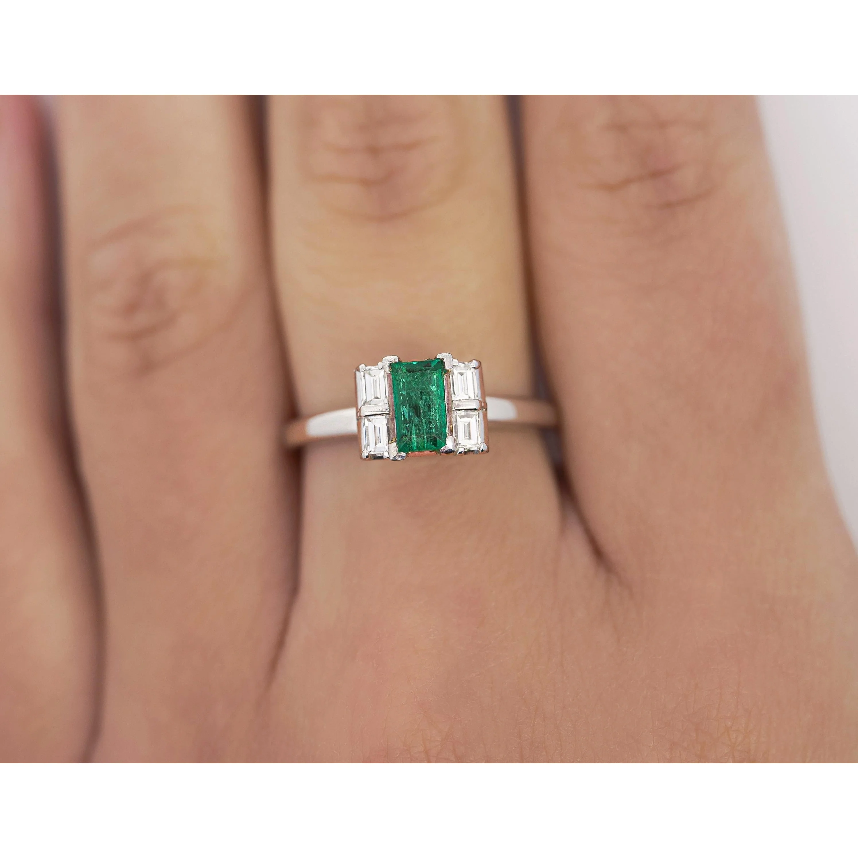 0.98 Carat Baguette Colombian Emerald, Diamond Platinum Thin Ring - Image 9