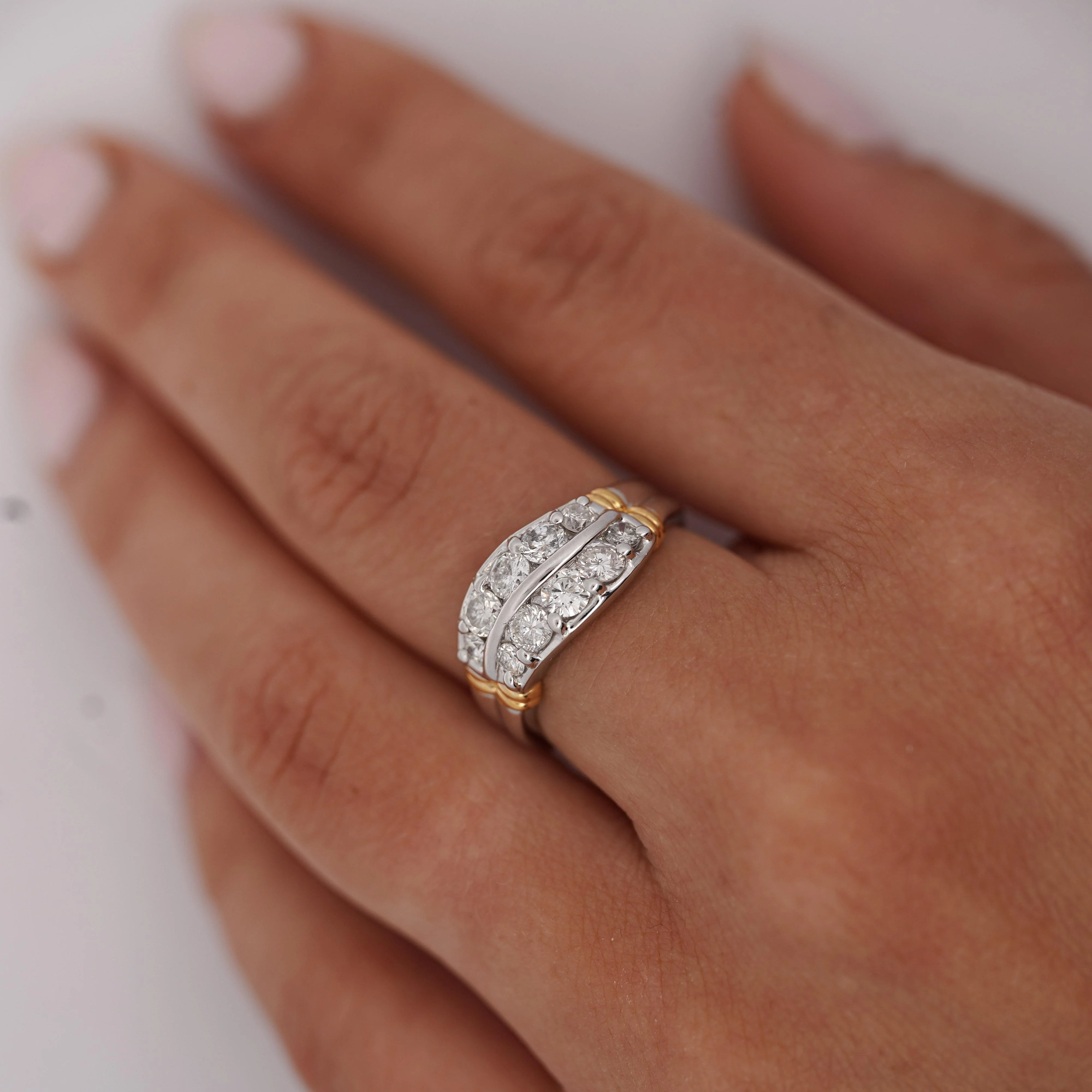 1.01 Carat Dual Row Diamond Channel Platinum & 18K Gold Wavy Band Ring - Image 2