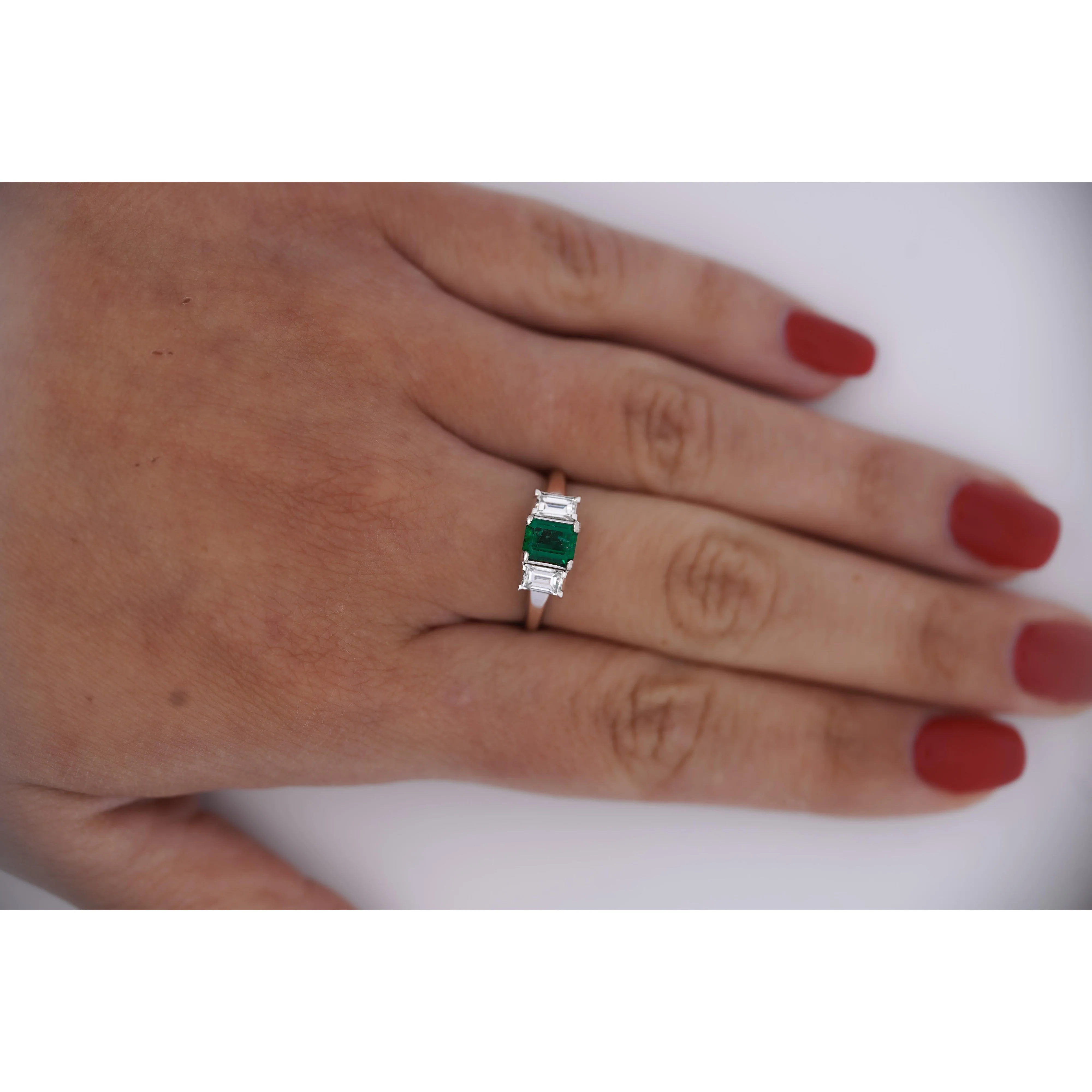 1.07 Carat Square-Cut Emerald and Diamond Three Stone Platinum Ring - Image 10