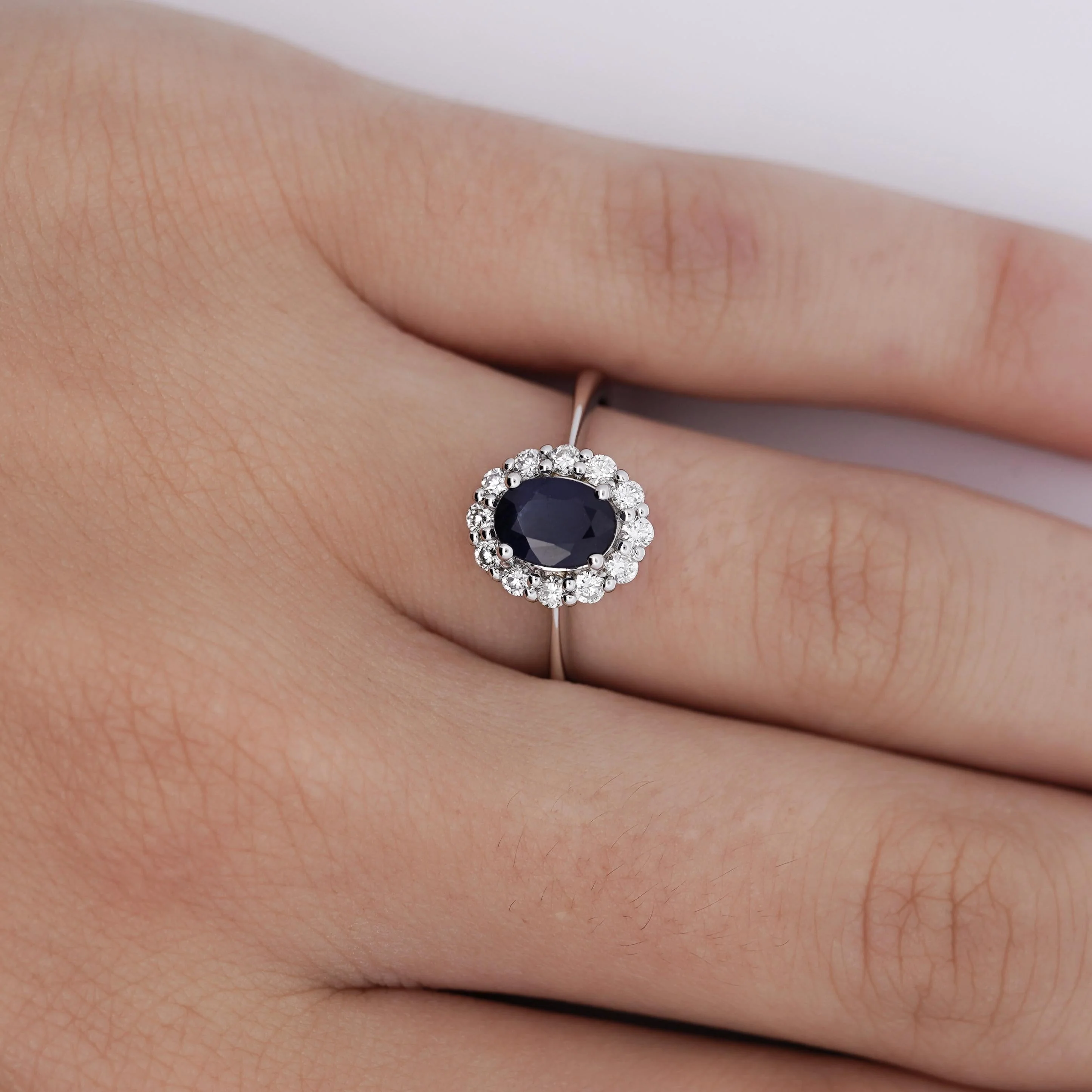 1.14 Carat Oval Deep Blue Sapphire & Round Diamond 18K White Gold Statement Ring - Image 3