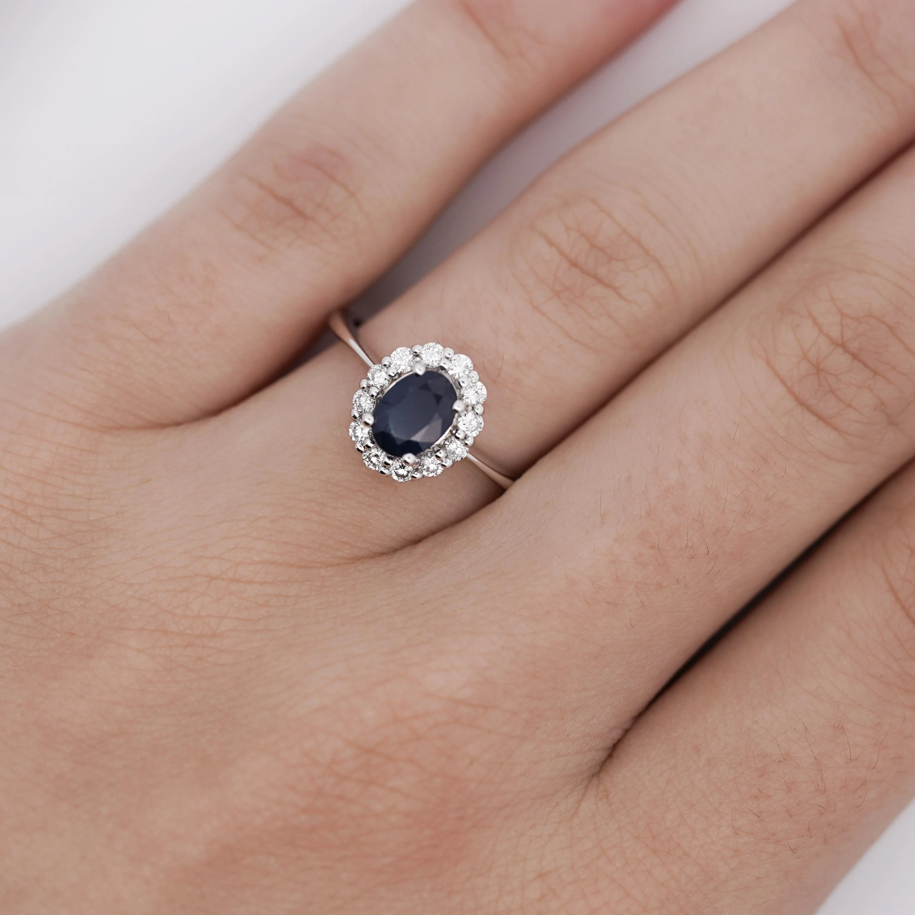 1.14 Carat Oval Deep Blue Sapphire & Round Diamond 18K White Gold Statement Ring - Image 4