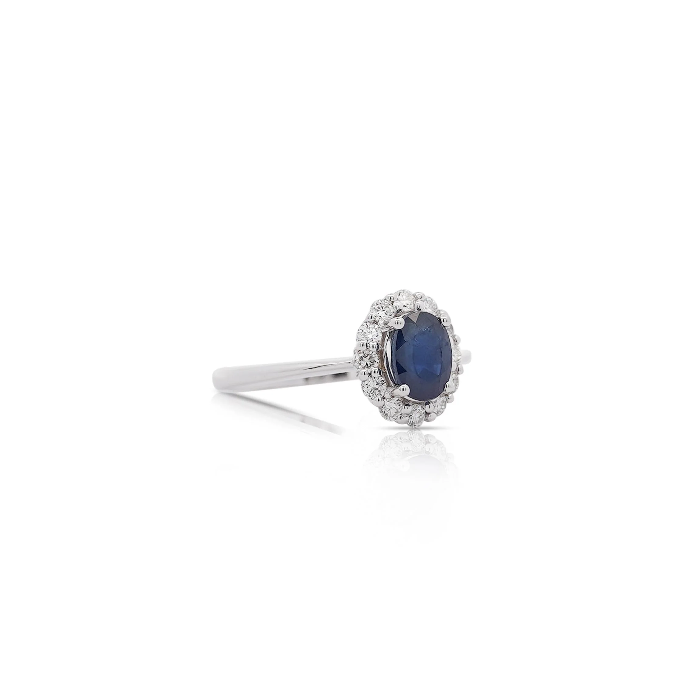 1.14 Carat Oval Deep Blue Sapphire & Round Diamond 18K White Gold Statement Ring - Image 5