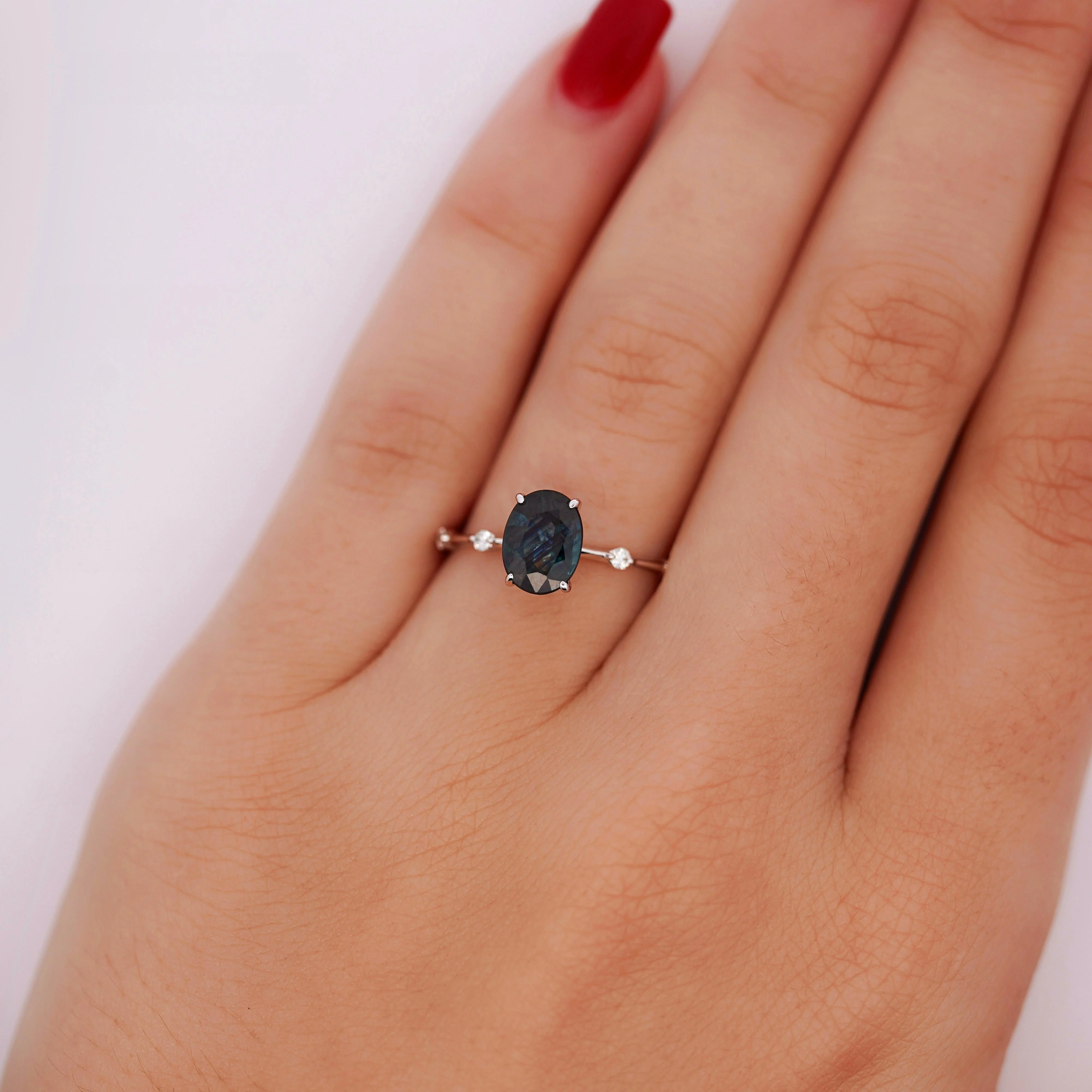 1.17 Carat Oval Cut Sapphire Thin Diamond Band 14K Gold Ring - Image 4
