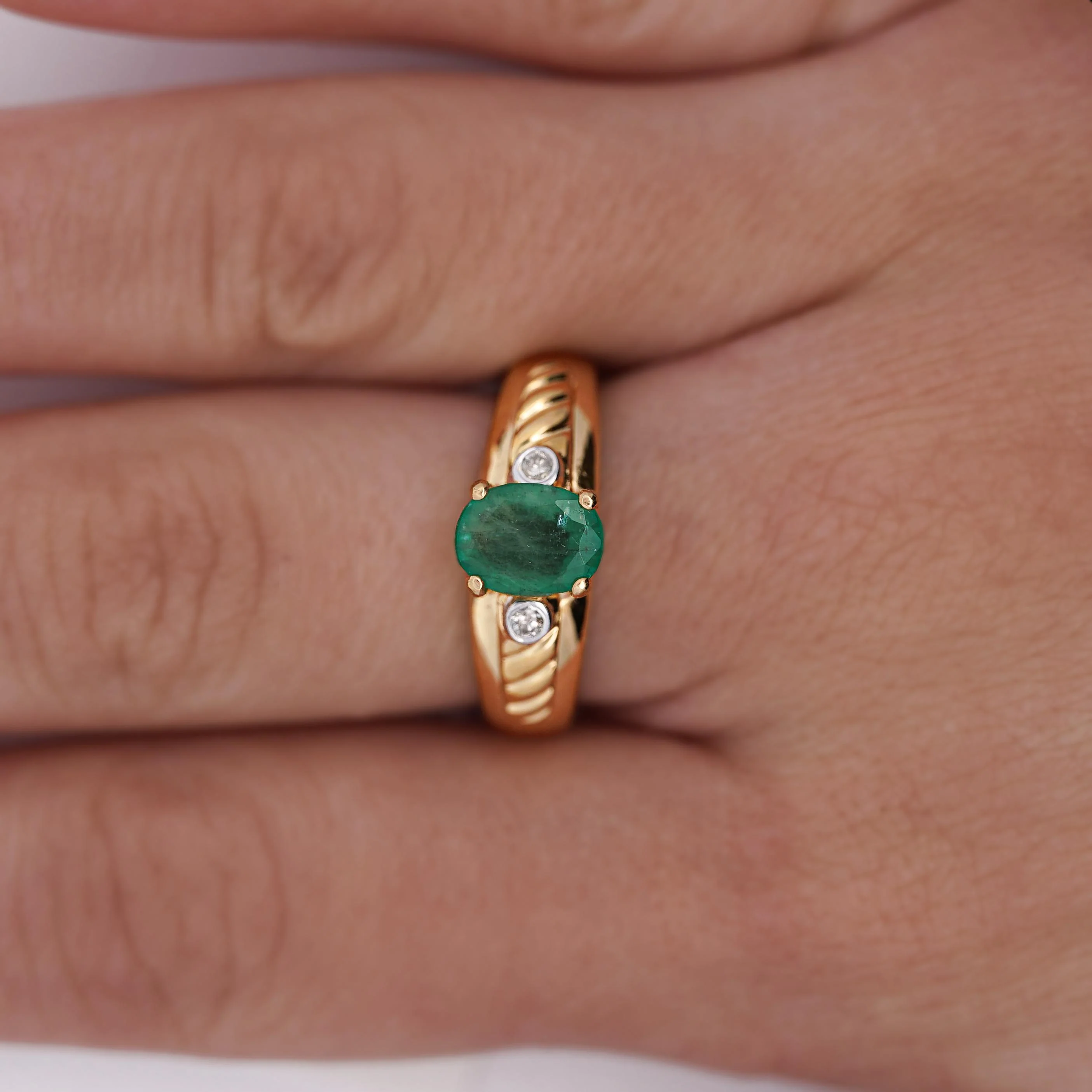 1.19 Carat Oval Cut Emerald & Diamond 14K Gold Statement Ring - Image 2