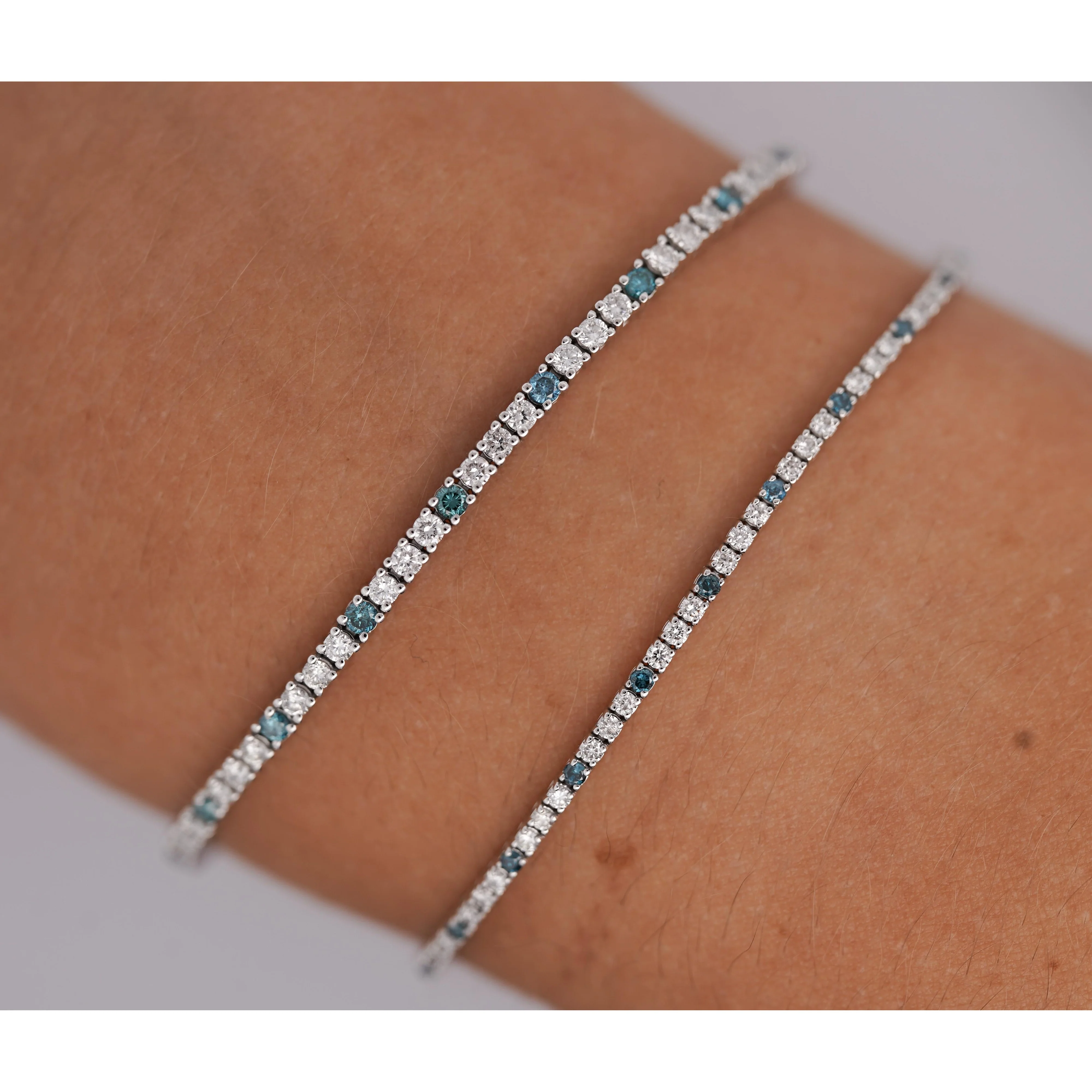 1-2 Carat Blue & White Lab Grown Diamond 4-Prong 14K White Gold Tennis Bracelet - Image 3