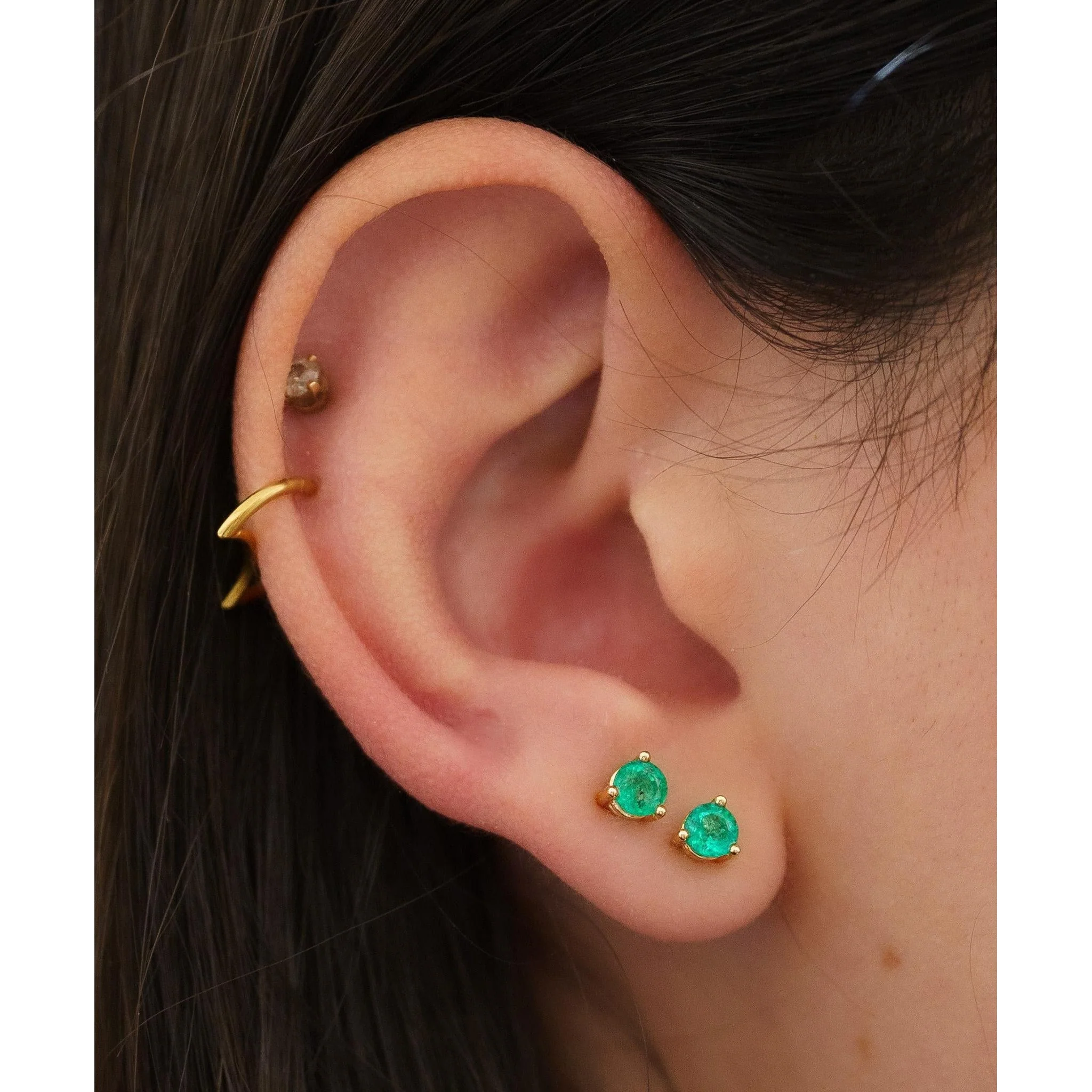 1/2 Ct Natural Emerald 3-Prong 14K Gold Round Stud Earrings - Image 2