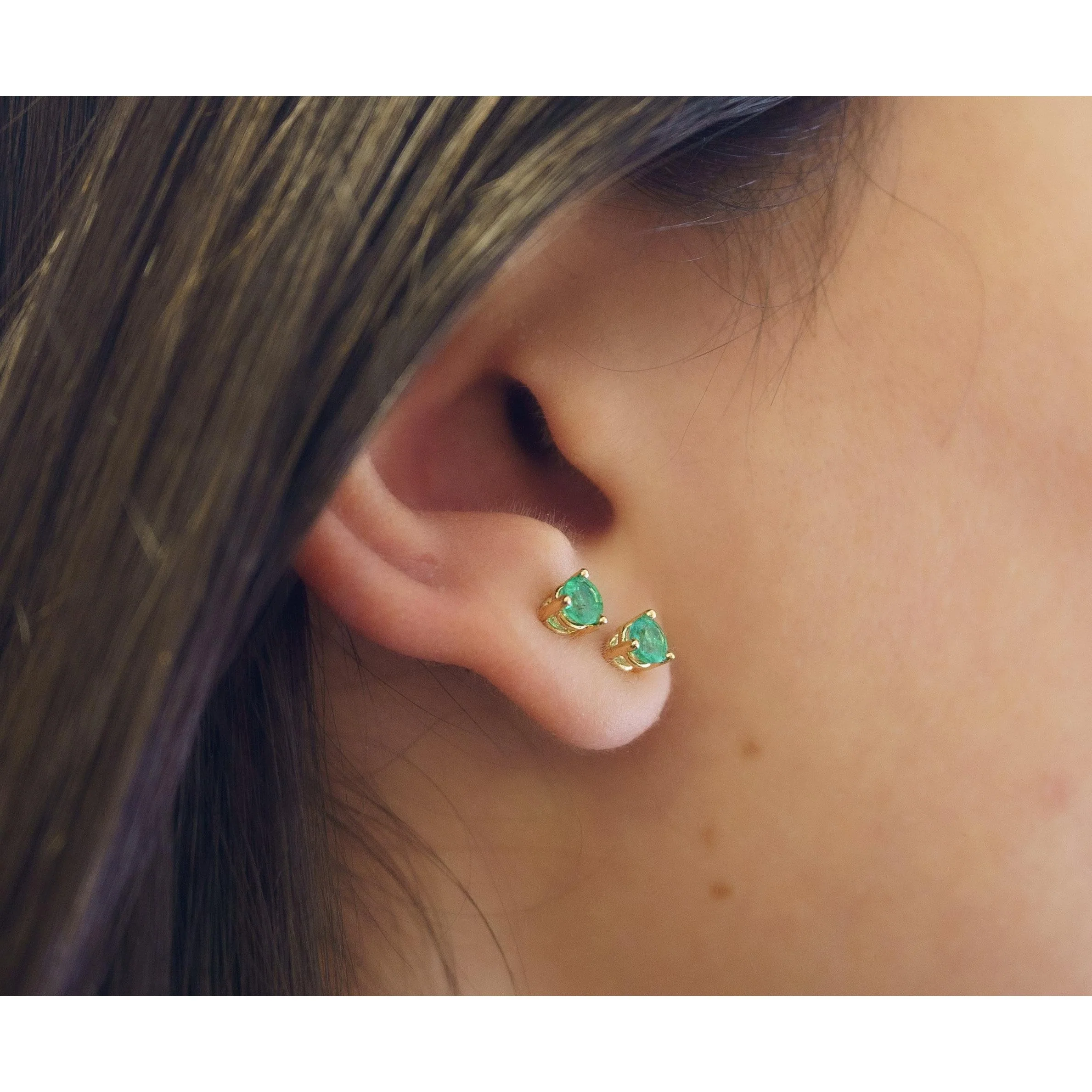 1/2 Ct Natural Emerald 3-Prong 14K Gold Round Stud Earrings - Image 4
