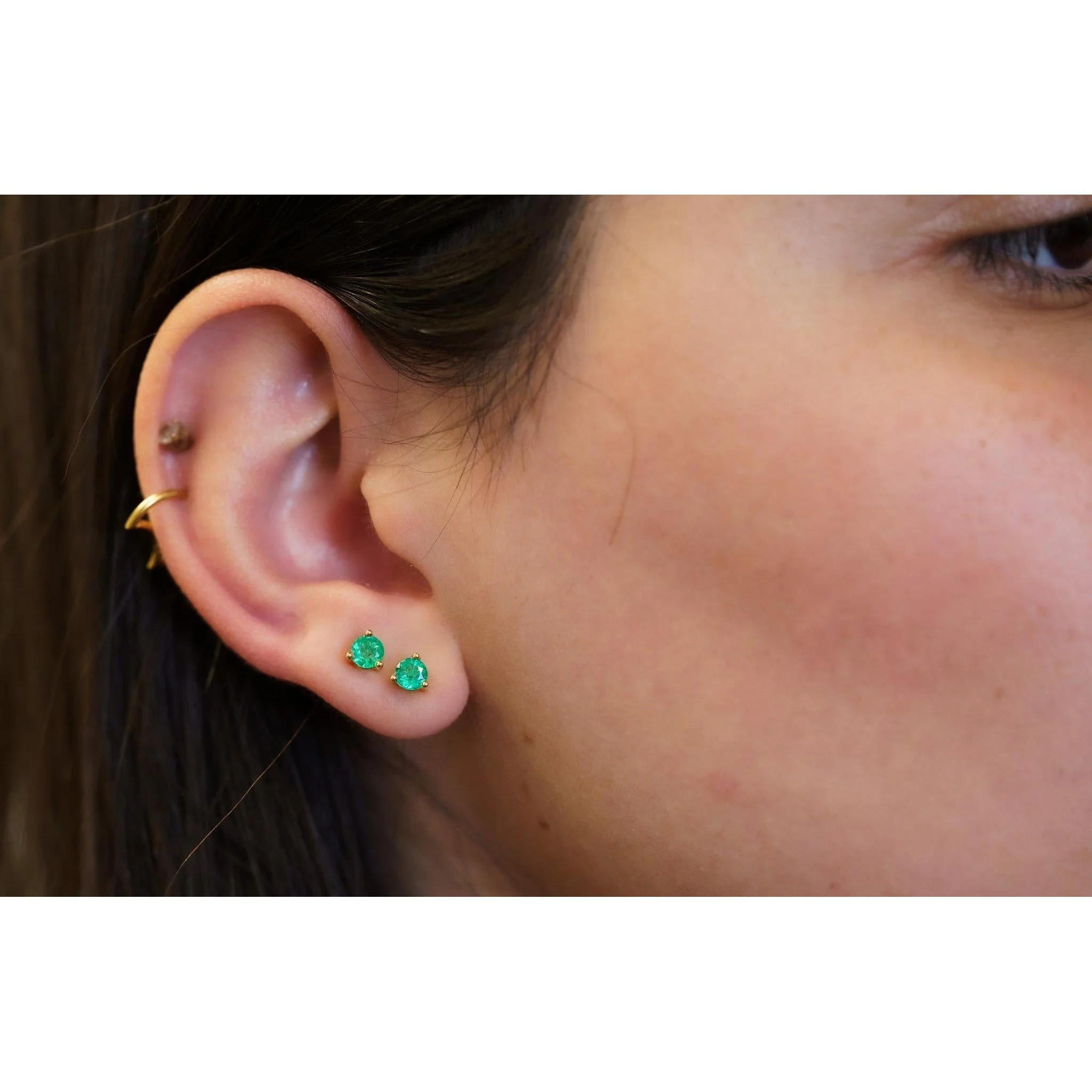 1/2 Ct Natural Emerald 3-Prong 14K Gold Round Stud Earrings - Image 5