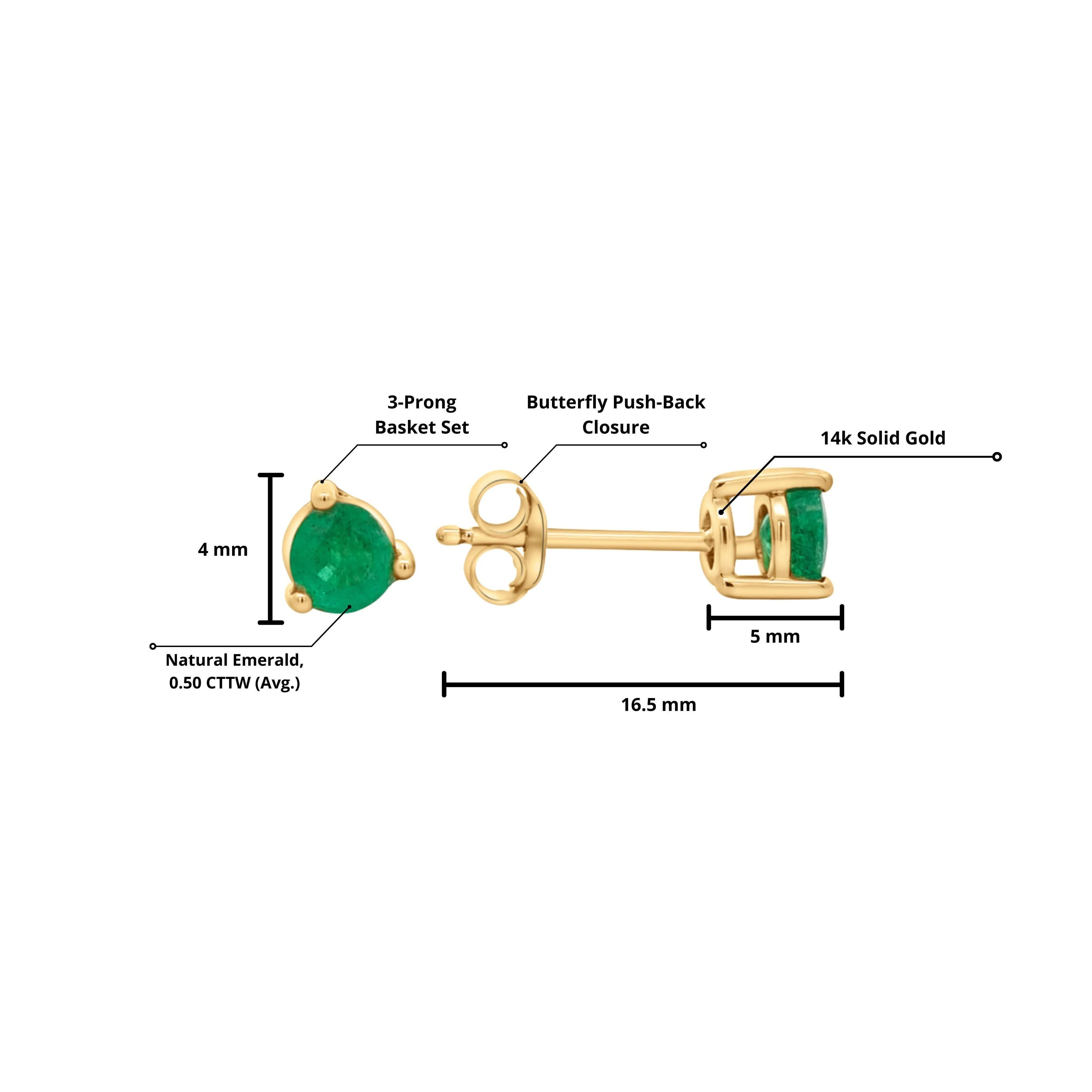 1/2 Ct Natural Emerald 3-Prong 14K Gold Round Stud Earrings - Image 7