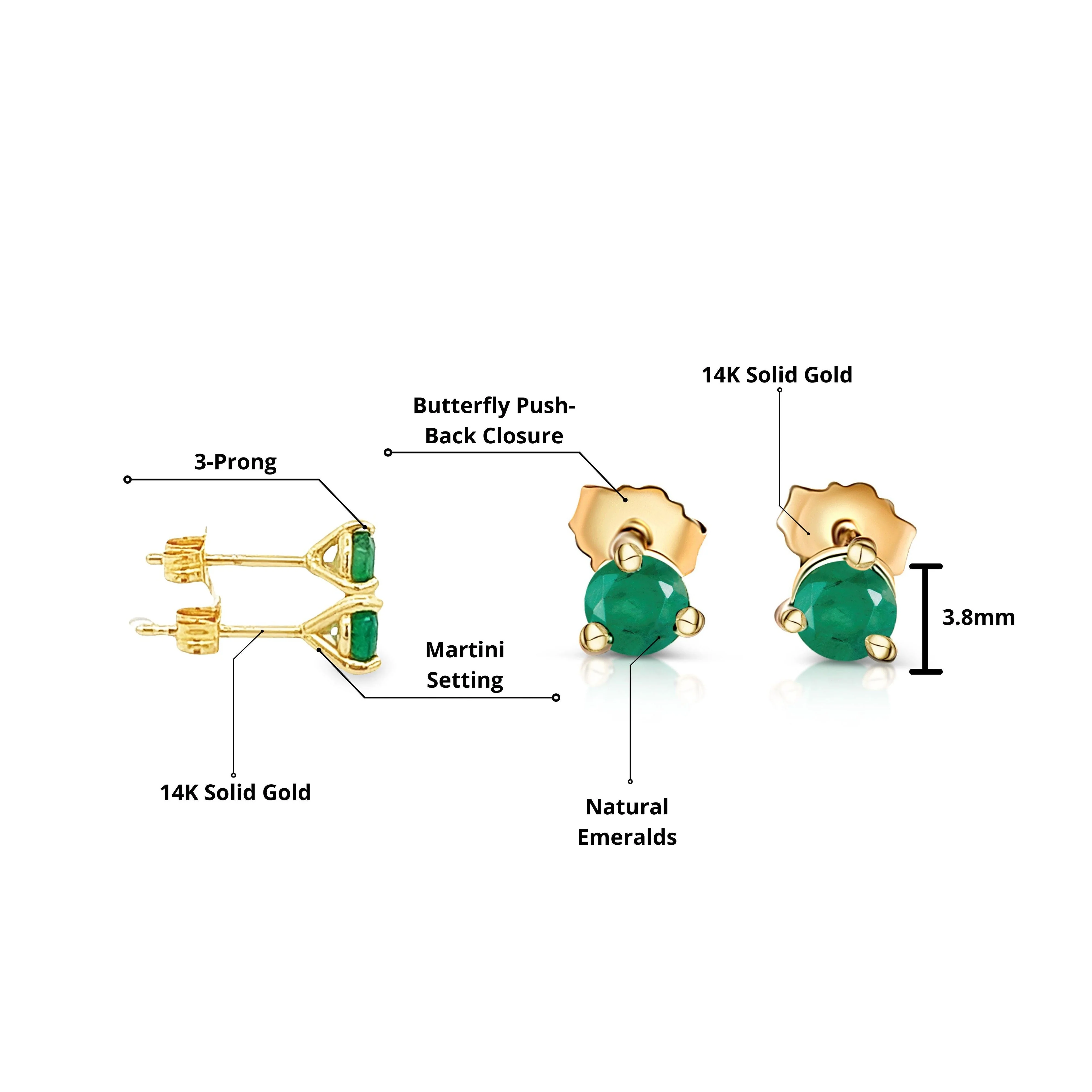 1/2 Carat Round Cut Natural Emerald Stud Earrings in 14K Yellow Gold 3-Prong Martini Setting - Image 5
