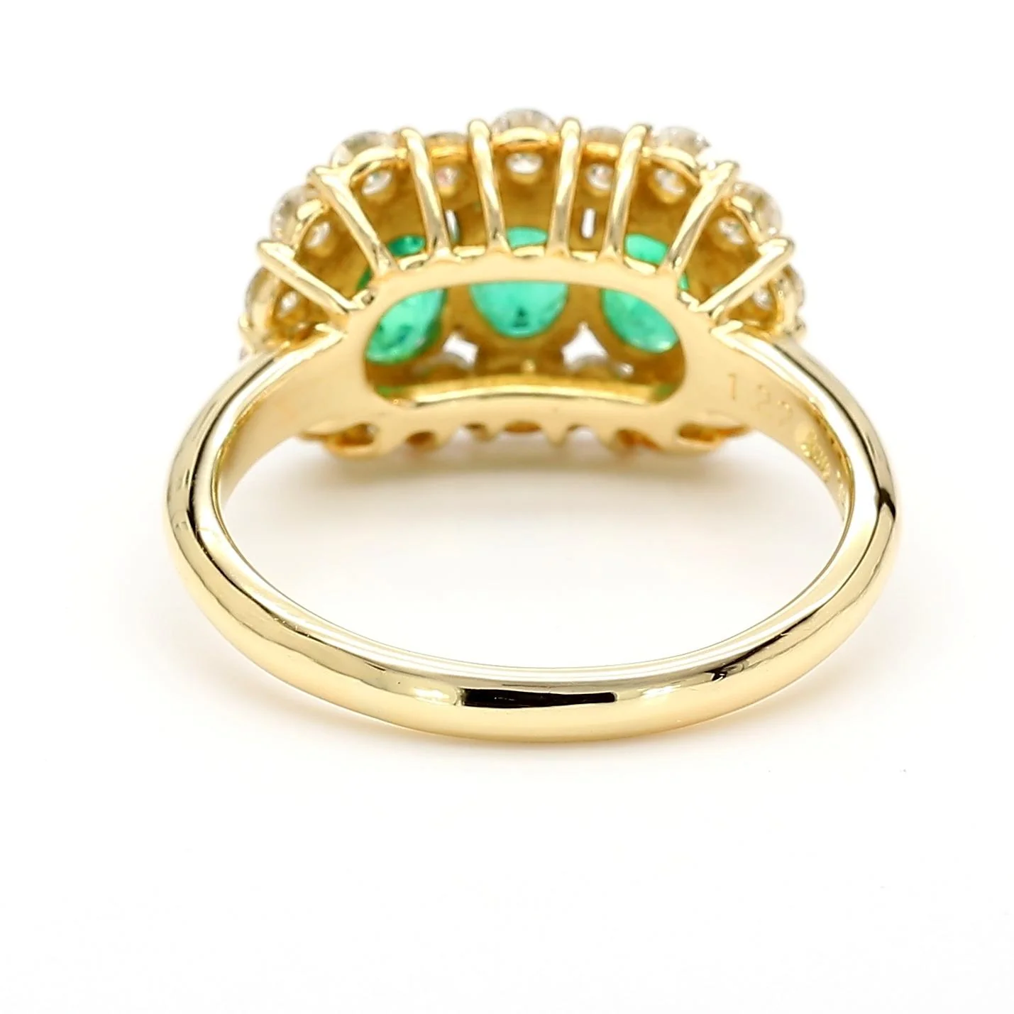 1.22 Carat Emerald & Diamond 18K Gold Halo Three Stone Band Ring - Image 6