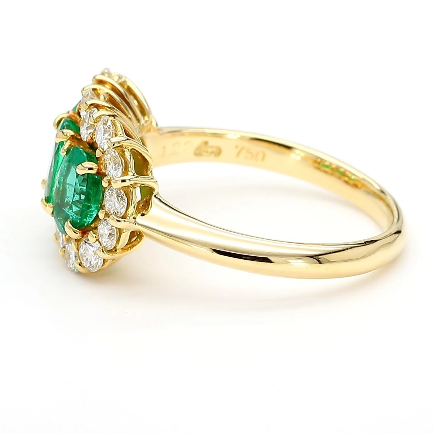 1.22 Carat Emerald & Diamond 18K Gold Halo Three Stone Band Ring - Image 8