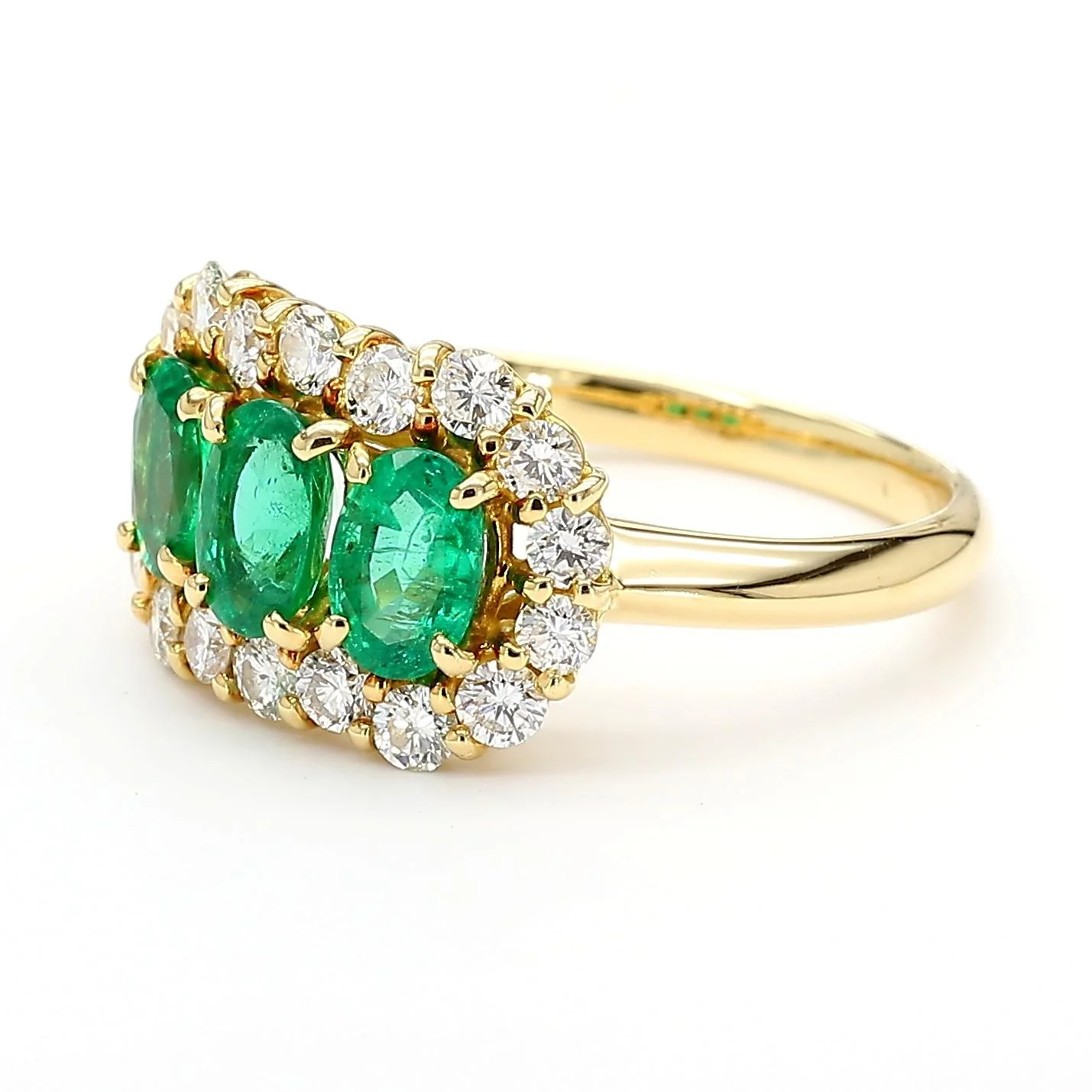 1.22 Carat Emerald & Diamond 18K Gold Halo Three Stone Band Ring - Image 9