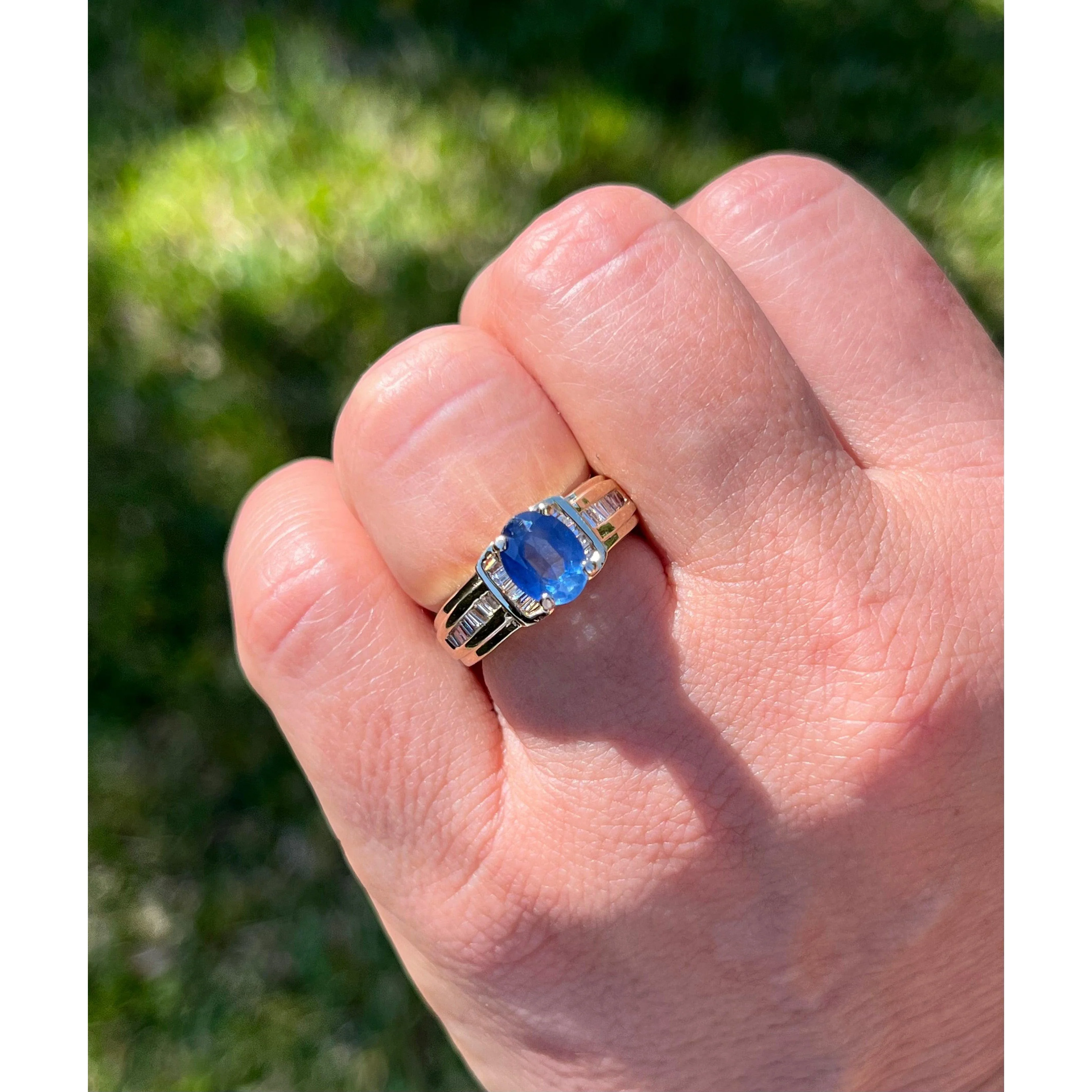 1.22 Carat Oval Cut Blue Sapphire with Baguette Cut Diamonds in 14k Gold Ring - Image 6