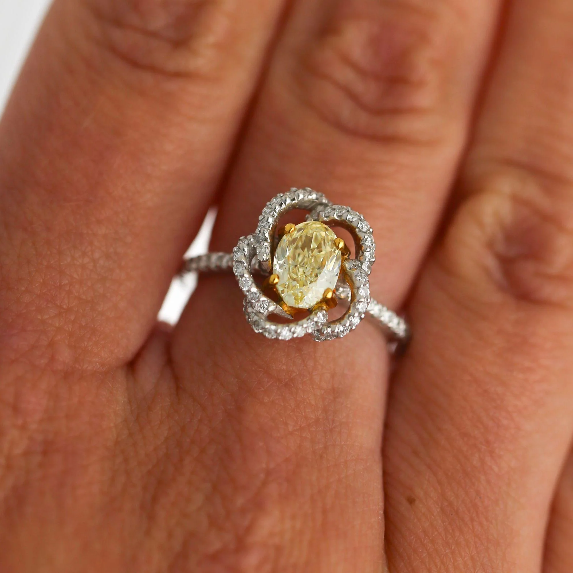 1.24 Carat Fancy Yellow Diamond Platinum & 18K Gold Swirl Floral Ring - Image 2