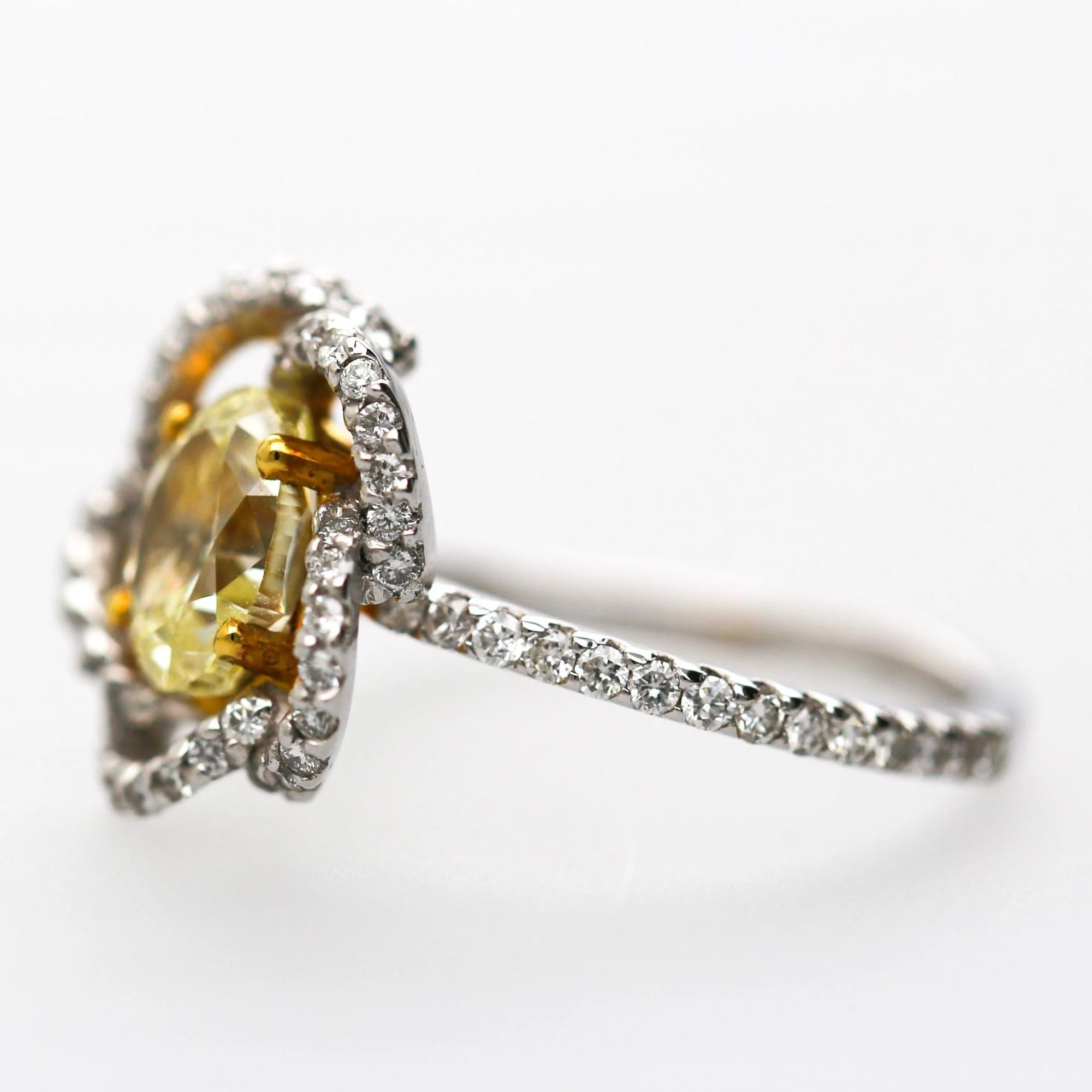 1.24 Carat Fancy Yellow Diamond Platinum & 18K Gold Swirl Floral Ring - Image 3