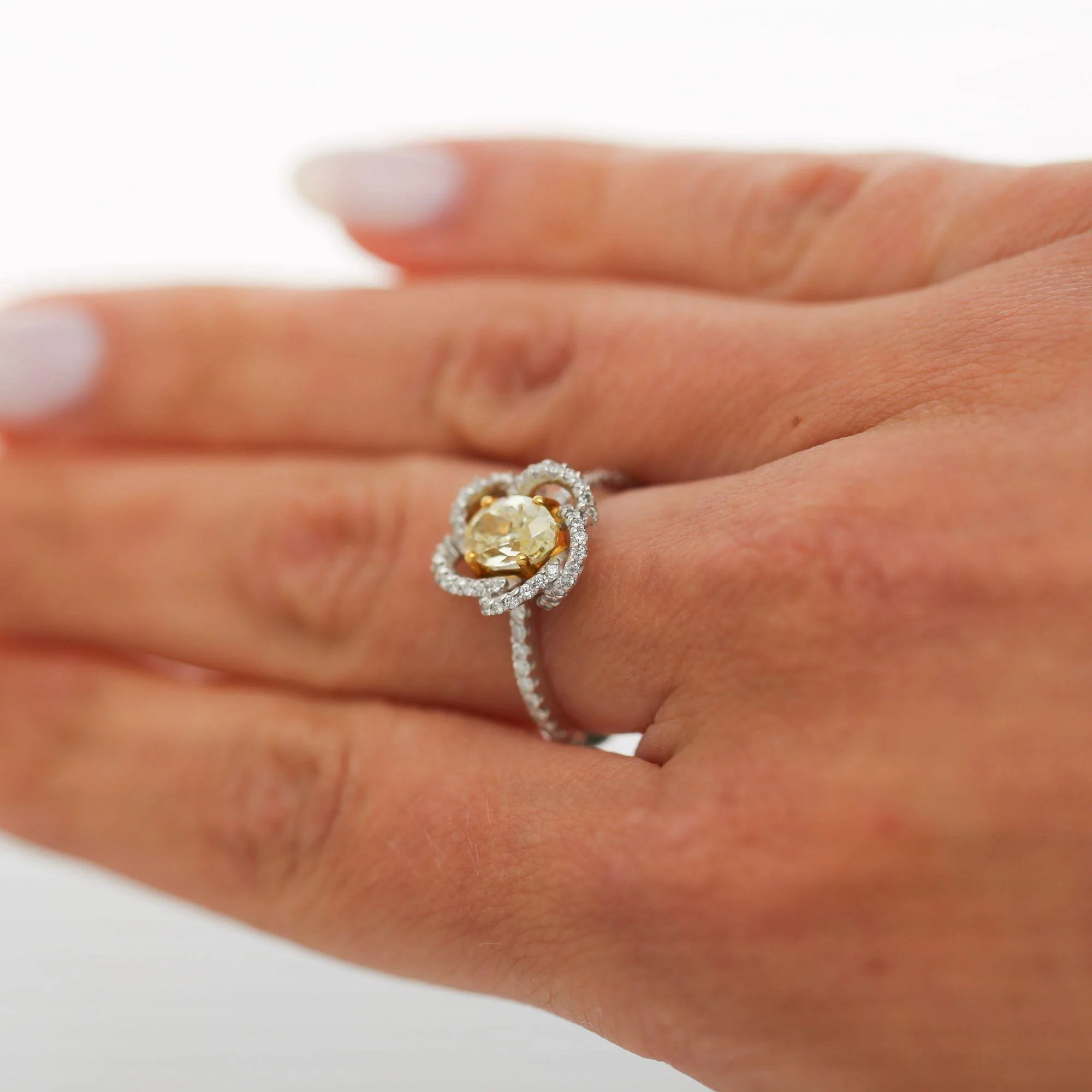 1.24 Carat Fancy Yellow Diamond Platinum & 18K Gold Swirl Floral Ring - Image 6