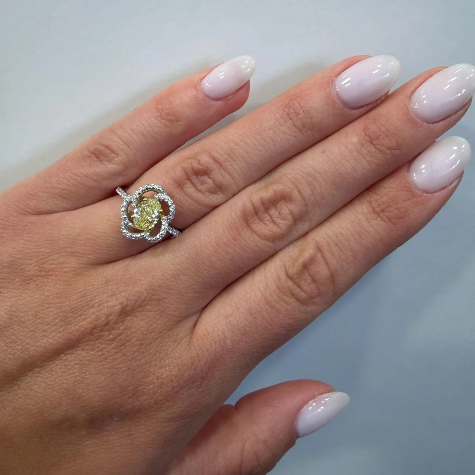 1.24 Carat Fancy Yellow Diamond Platinum & 18K Gold Swirl Floral Ring - Image 8