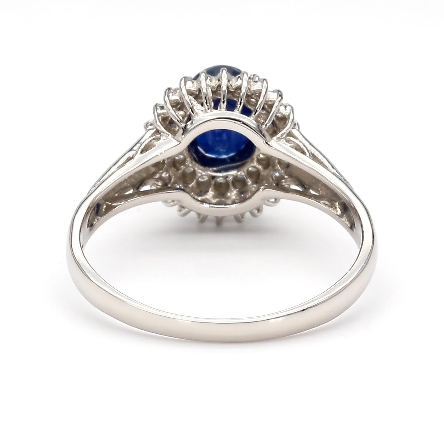 1.25 Carat Oval Blue Sapphire and Diamond Platinum Double Halo Ballerina Ring - Image 4