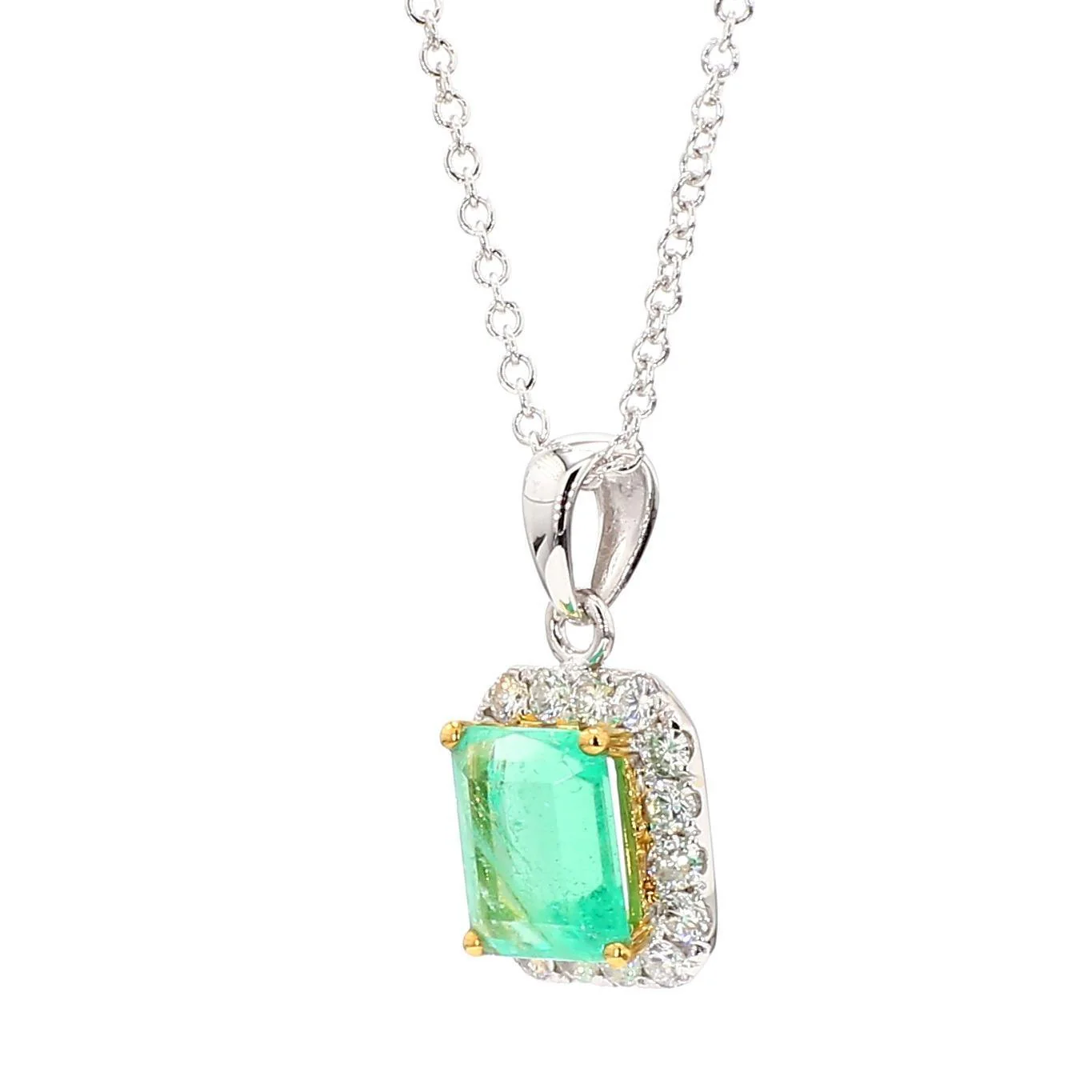 1.26 Carat Colombian Emerald Diamond Halo 18K White Gold Pendant Necklace - Image 3