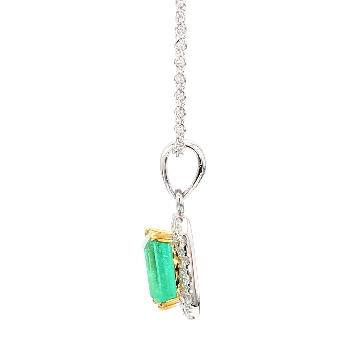1.26 Carat Colombian Emerald Diamond Halo 18K White Gold Pendant Necklace - Image 4
