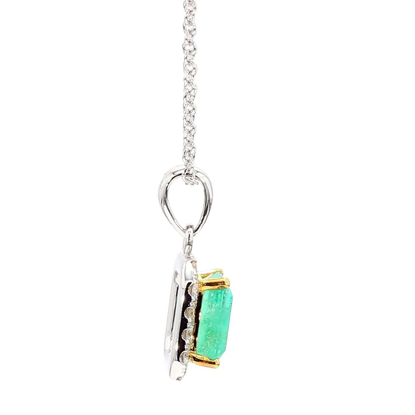 1.26 Carat Colombian Emerald Diamond Halo 18K White Gold Pendant Necklace - Image 8