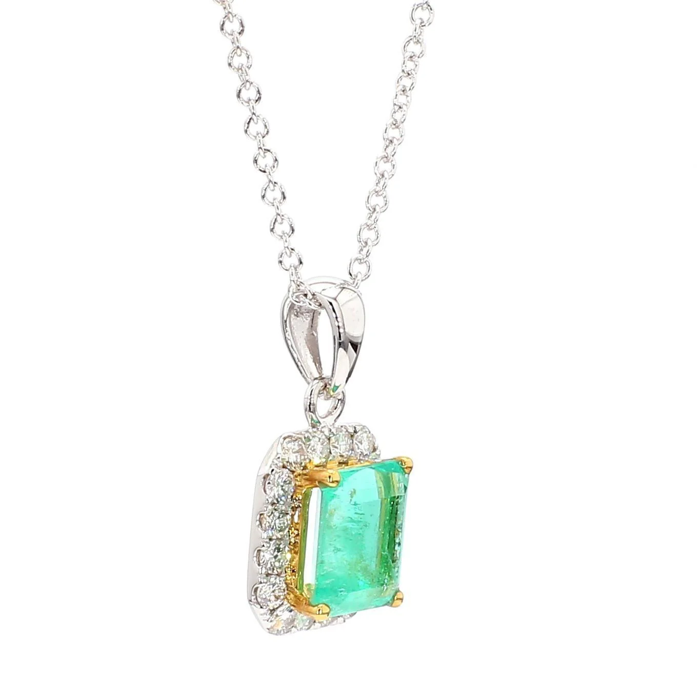 1.26 Carat Colombian Emerald Diamond Halo 18K White Gold Pendant Necklace - Image 9