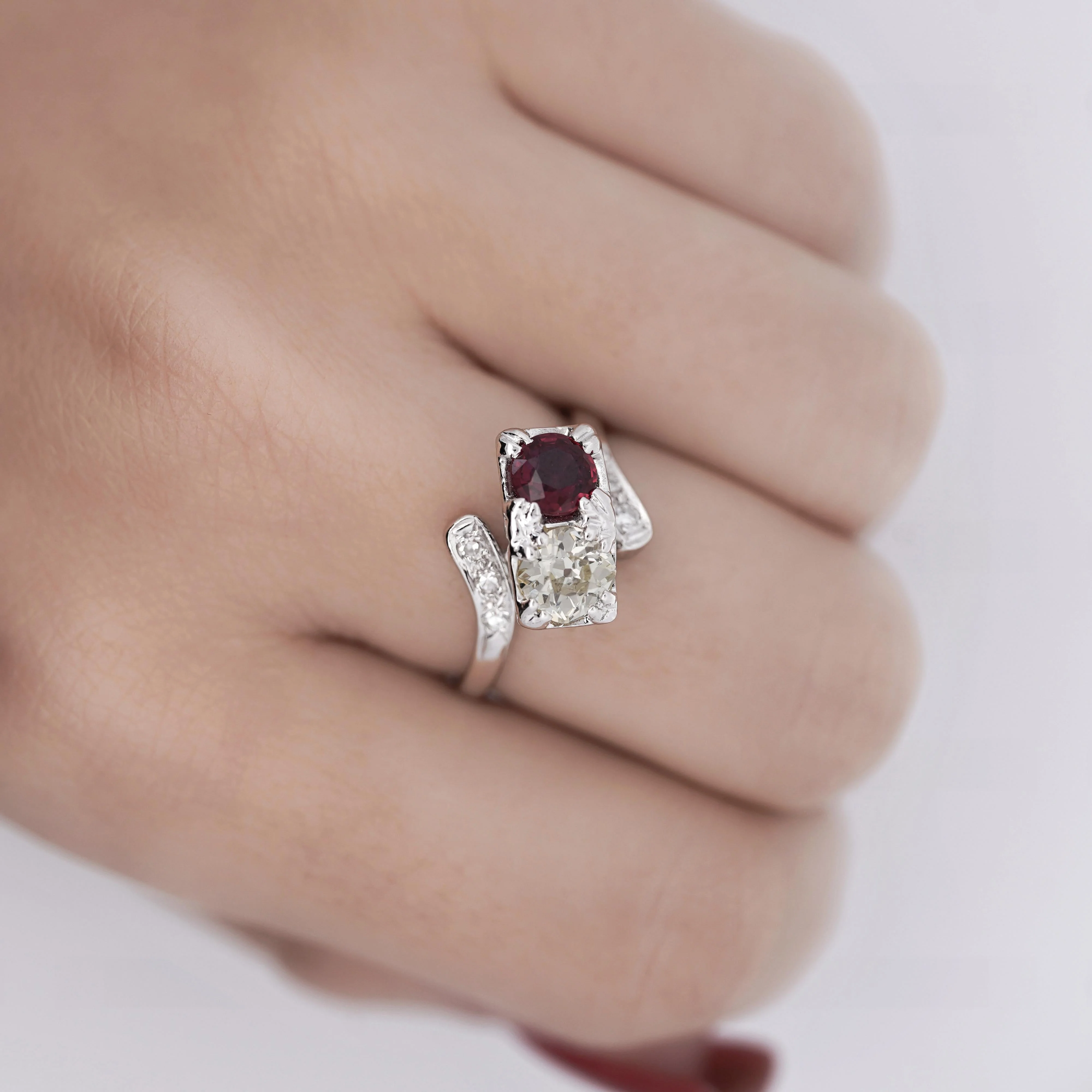 1.28 Carat Ruby & Diamond 14K White Gold Toi Et Moi Ring - Image 4