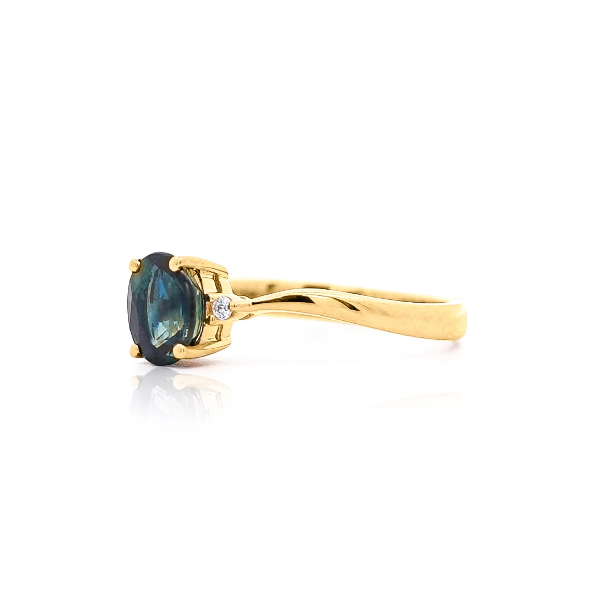 1.3 Carat Oval Cut Blue Sapphire and Diamond 3 Stone Curvy Ring - Image 2
