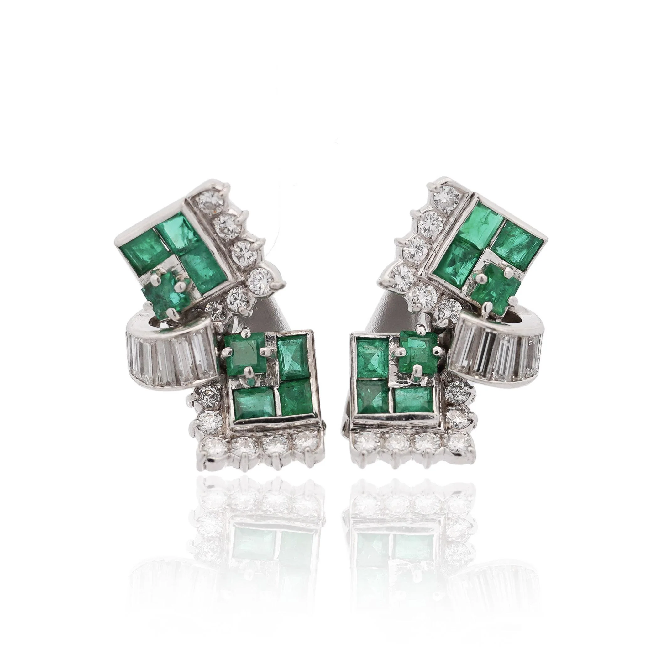 1.30 Carat Emerald & Diamond in 14K White Gold Retro Style Stud Earrings