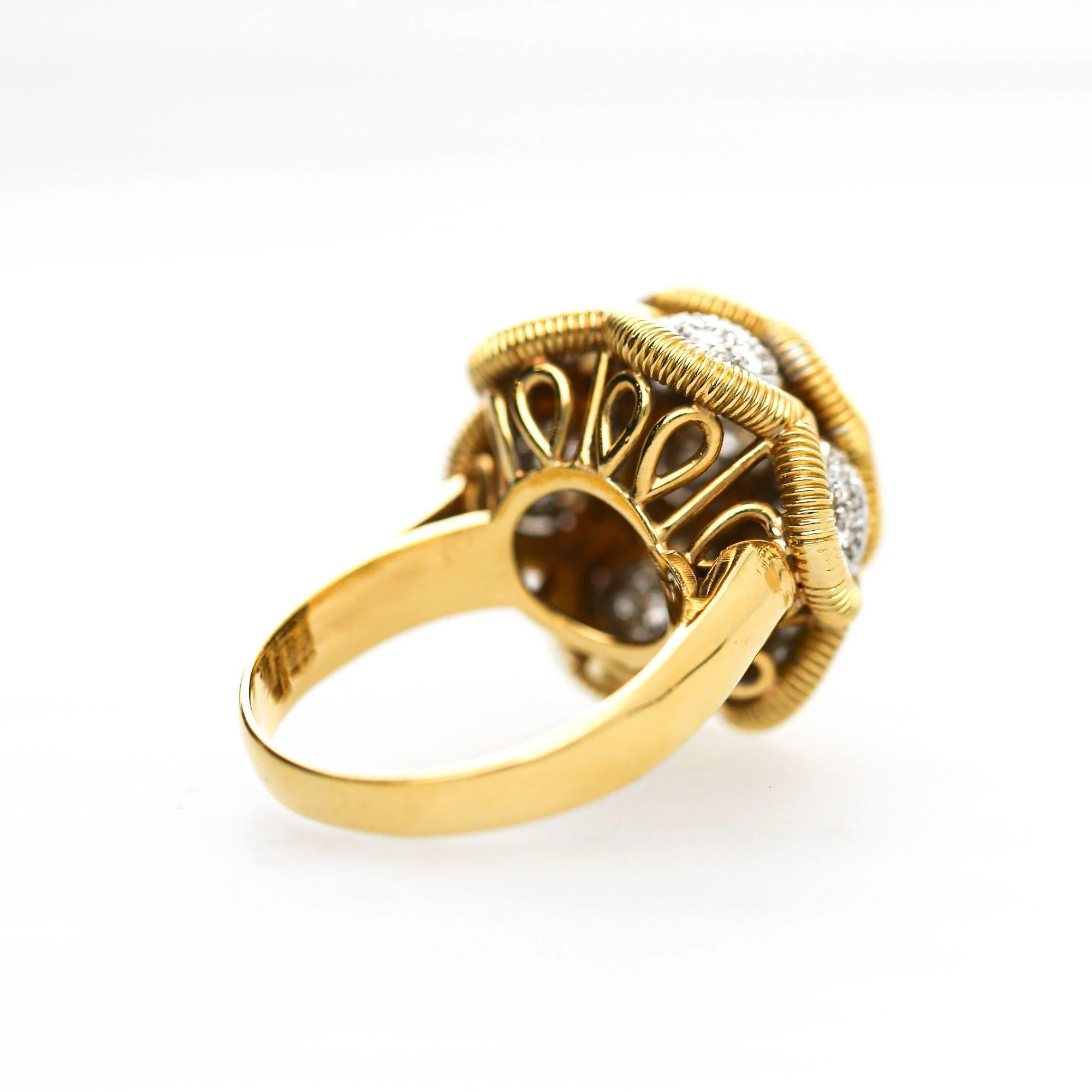 1.35 Carat Round Diamond Pave 18K Two Tone Gold Floral Dome Cocktail Ring - Image 5