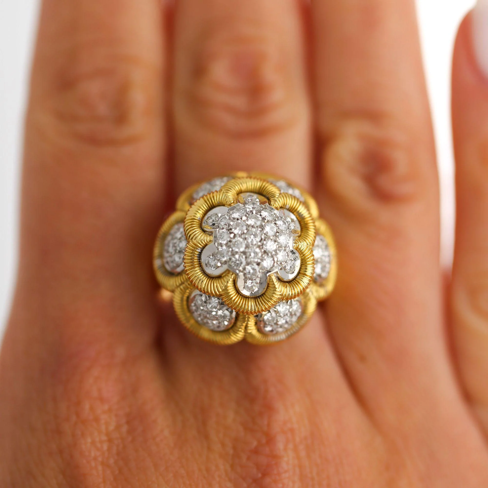 1.35 Carat Round Diamond Pave 18K Two Tone Gold Floral Dome Cocktail Ring - Image 7