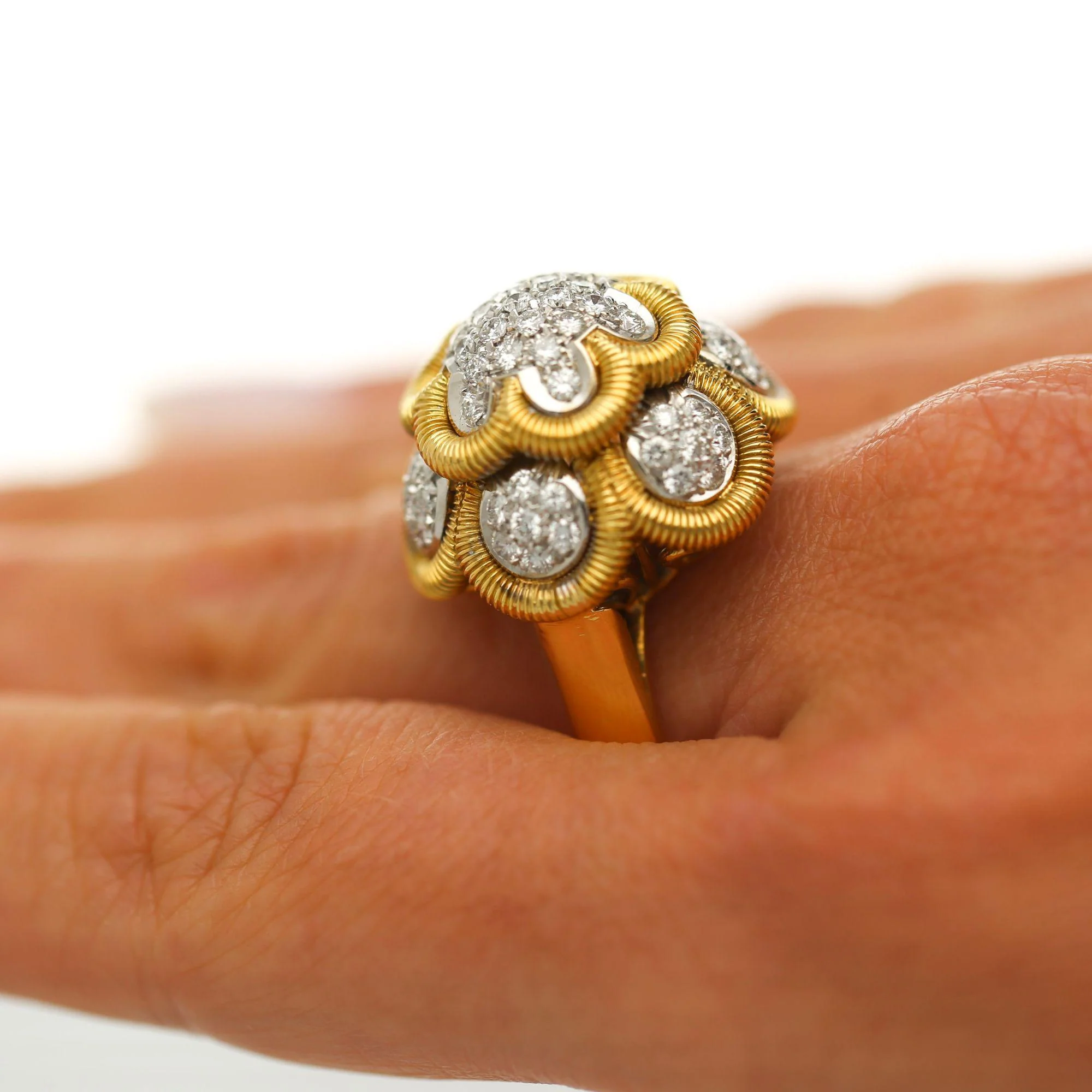 1.35 Carat Round Diamond Pave 18K Two Tone Gold Floral Dome Cocktail Ring - Image 9