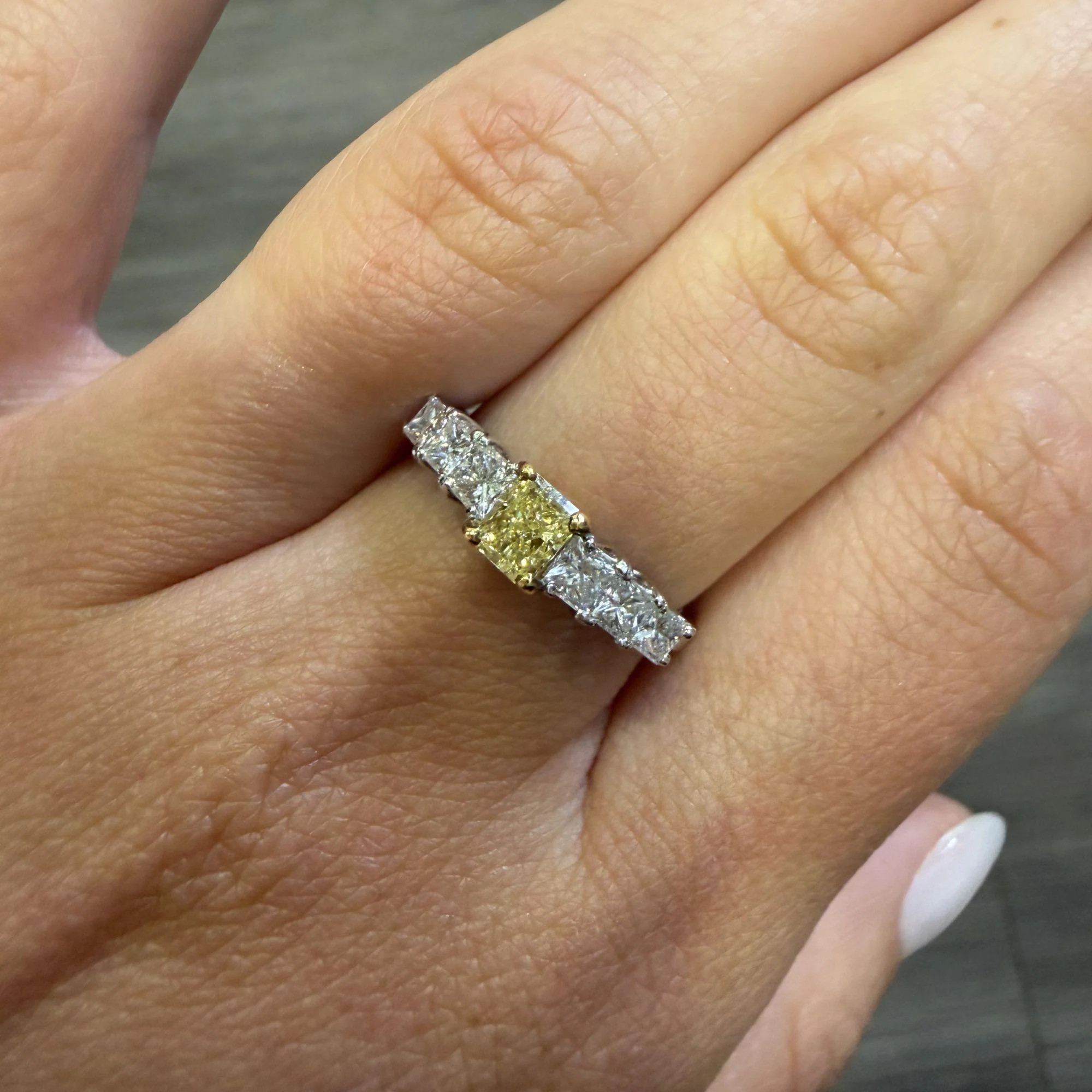 1.41 Carat Fancy Yellow Radiant & White Princess Diamond Illusion Band Ring - Image 10