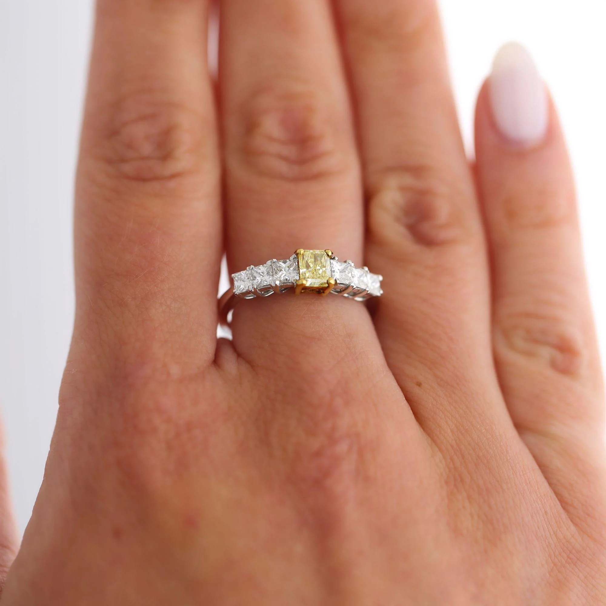 1.41 Carat Fancy Yellow Radiant & White Princess Diamond Illusion Band Ring - Image 2